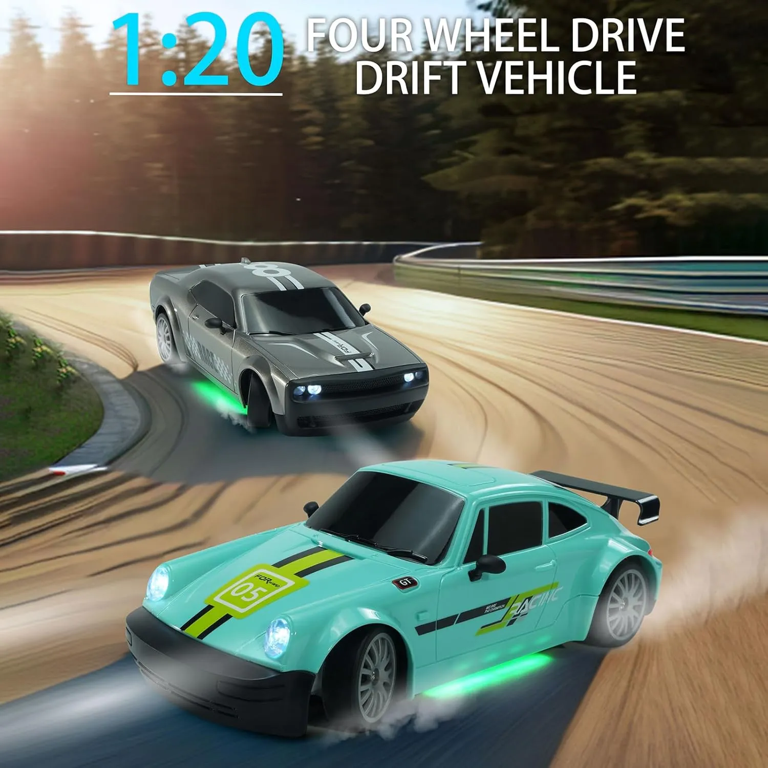 RC Drift Car Remote Control Car 2.4GHz 1:20 Scale 4WD 20KM/H High Speed Model Vehicle with LED Lights Drifting Tire Racing Sport Toy Car for Adults Boys Girls Kids Gift, Silver