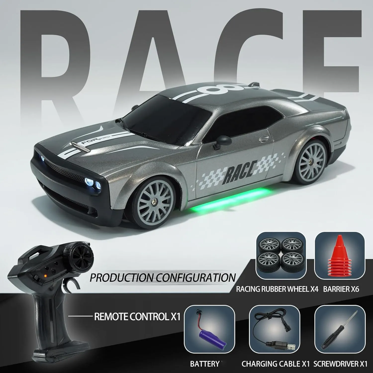 RC Drift Car Remote Control Car 2.4GHz 1:20 Scale 4WD 20KM/H High Speed Model Vehicle with LED Lights Drifting Tire Racing Sport Toy Car for Adults Boys Girls Kids Gift, Silver