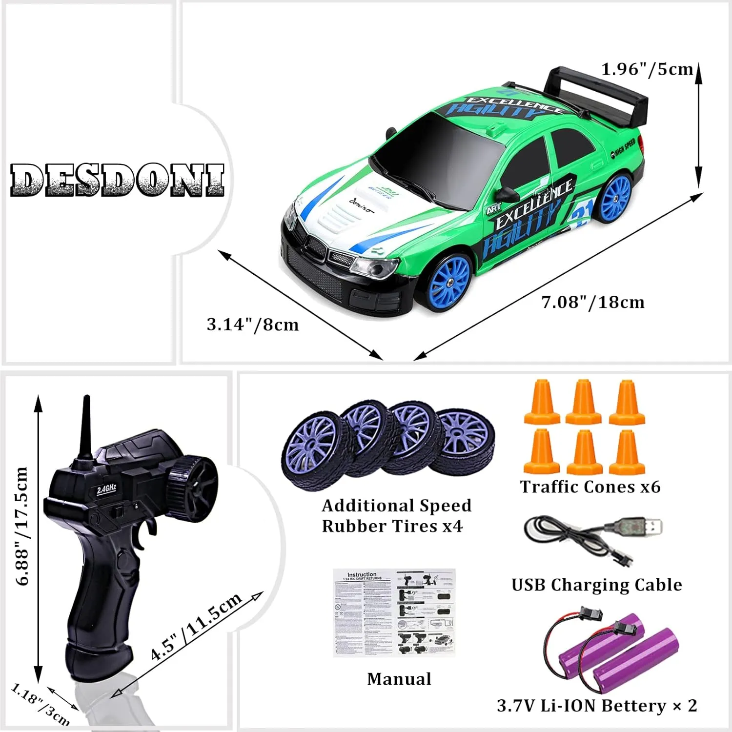 RC Drift Car Remote Control Car 2.4GHz 1:24 Scale 4WD 15KM/H High Speed Model Vehicle LED Lights Drifting Tire Racing Sport Toy Car for Adult Boys Girls Kids Gift 2Pcs Rechargeable Batterie