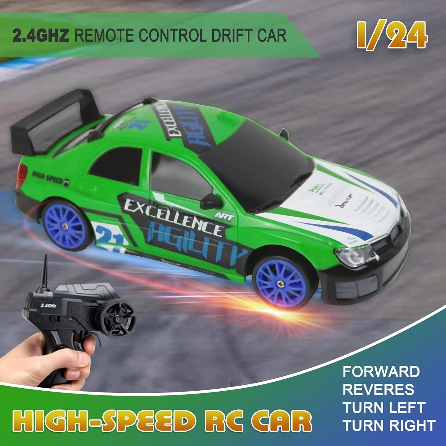 RC Drift Car Remote Control Car 2.4GHz 1:24 Scale 4WD 15KM/H High Speed Model Vehicle LED Lights Drifting Tire Racing Sport Toy Car for Adult Boys Girls Kids Gift 2Pcs Rechargeable Batterie