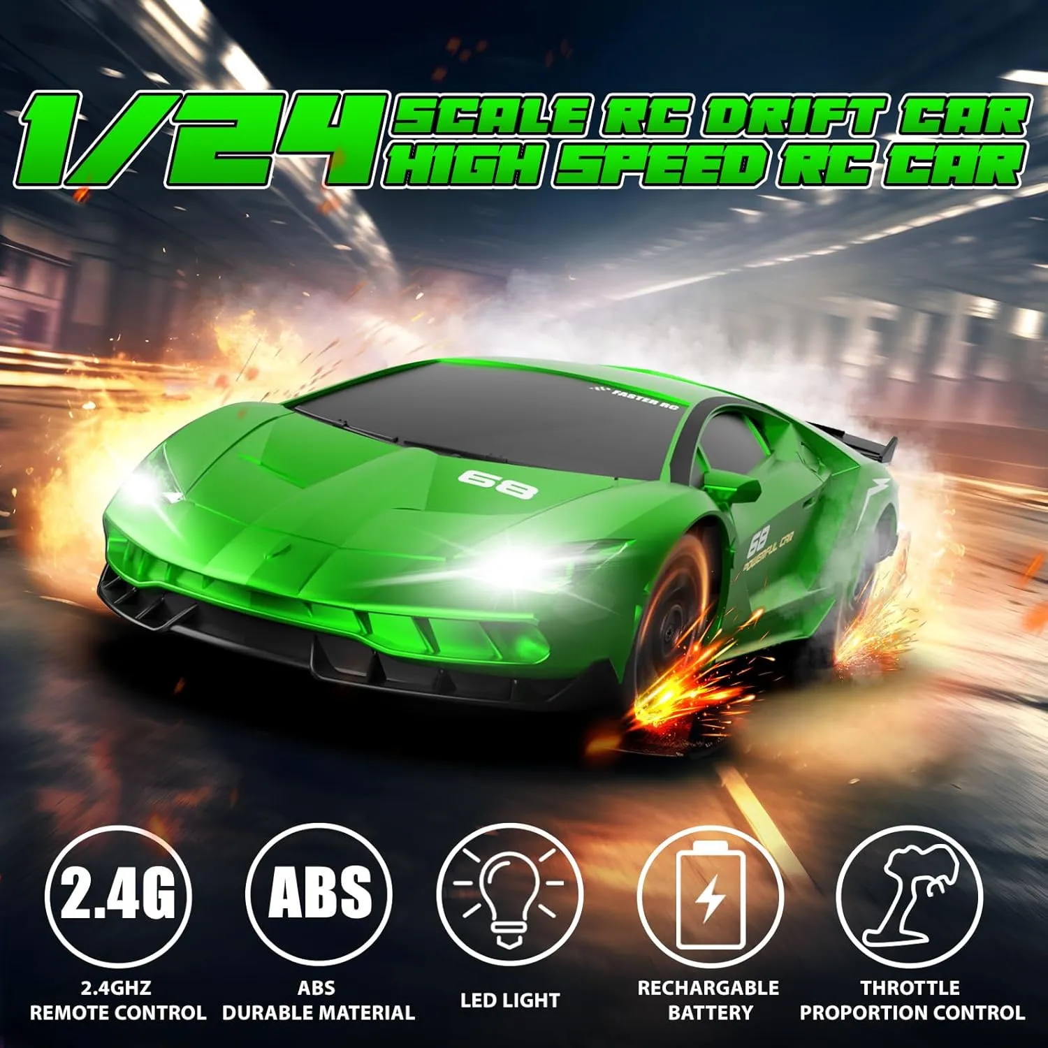 RC Drift Remote Control Car 2.4GHz 1/24 4WD 15KM/H High Speed Racing Sport with LED Lights Drifting Tire Toy for Adults Boys Girls Kids Gift 2Pcs Rechargeable Batteries