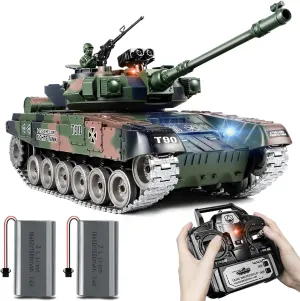 RC Tank, 1:18 RUS T-90 Alloy Metal Remote Control Model Army Tank Toys, 2.4Ghz Military Tank with Smoke, Sound and Lights, RC Vehicle That Shoots BBS and Water Bombs for Adults and Kids