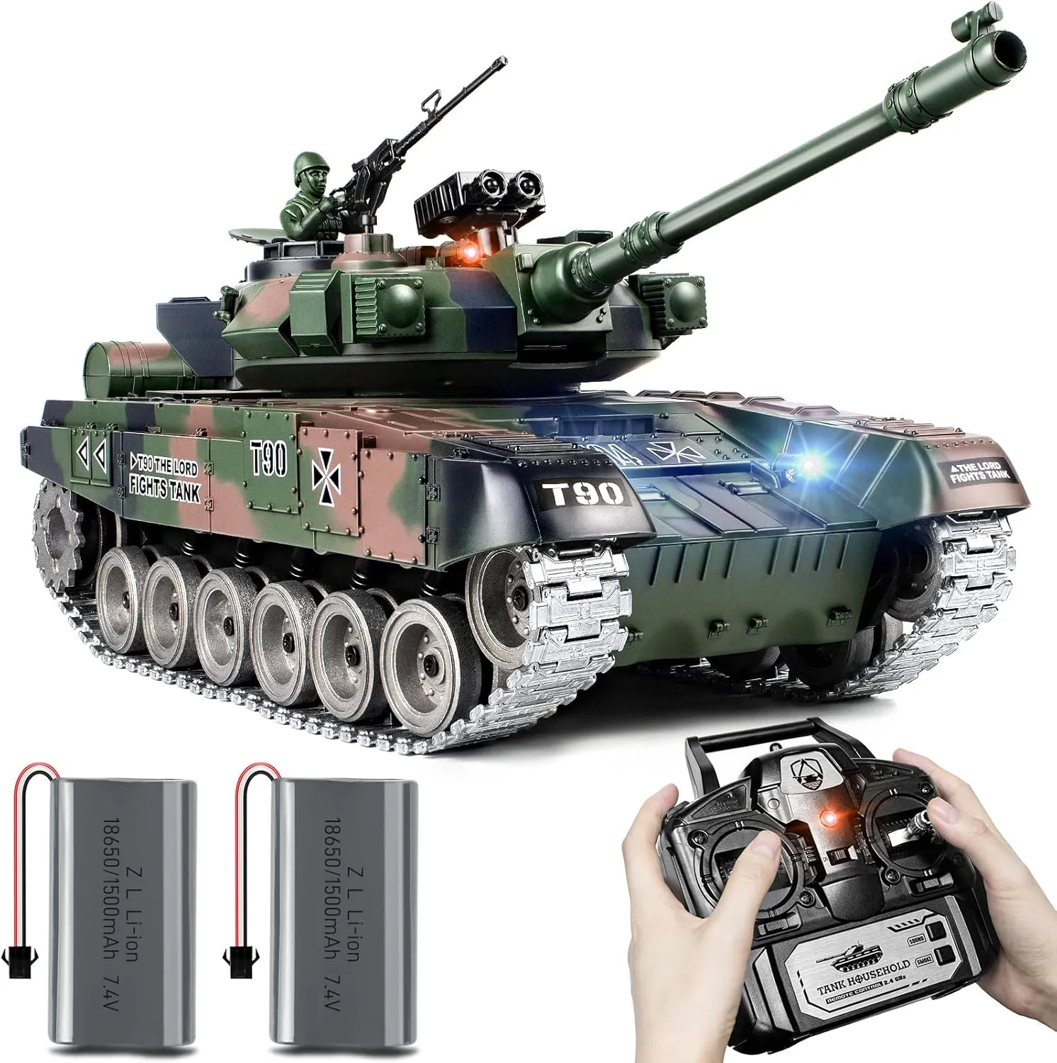RC Tank, 1:18 RUS T-90 Alloy Metal Remote Control Model Army Tank Toys, 2.4Ghz Military Tank with Smoke, Sound and Lights, RC Vehicle That Shoots BBS and Water Bombs for Adults and Kids