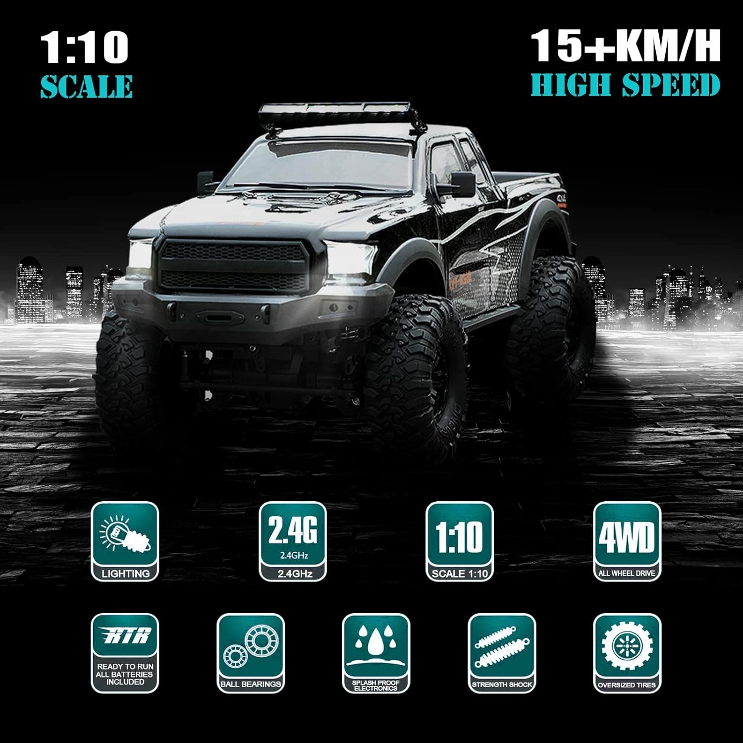 RC Cars RC Crawler 1/10 Scale RTR Remote Control Car 4WD 2.4GHz Brushed Offroad Racing Hobby Grade Model Vehicle with LED Lights 2Pcs Battery Toy for Kids and Adults