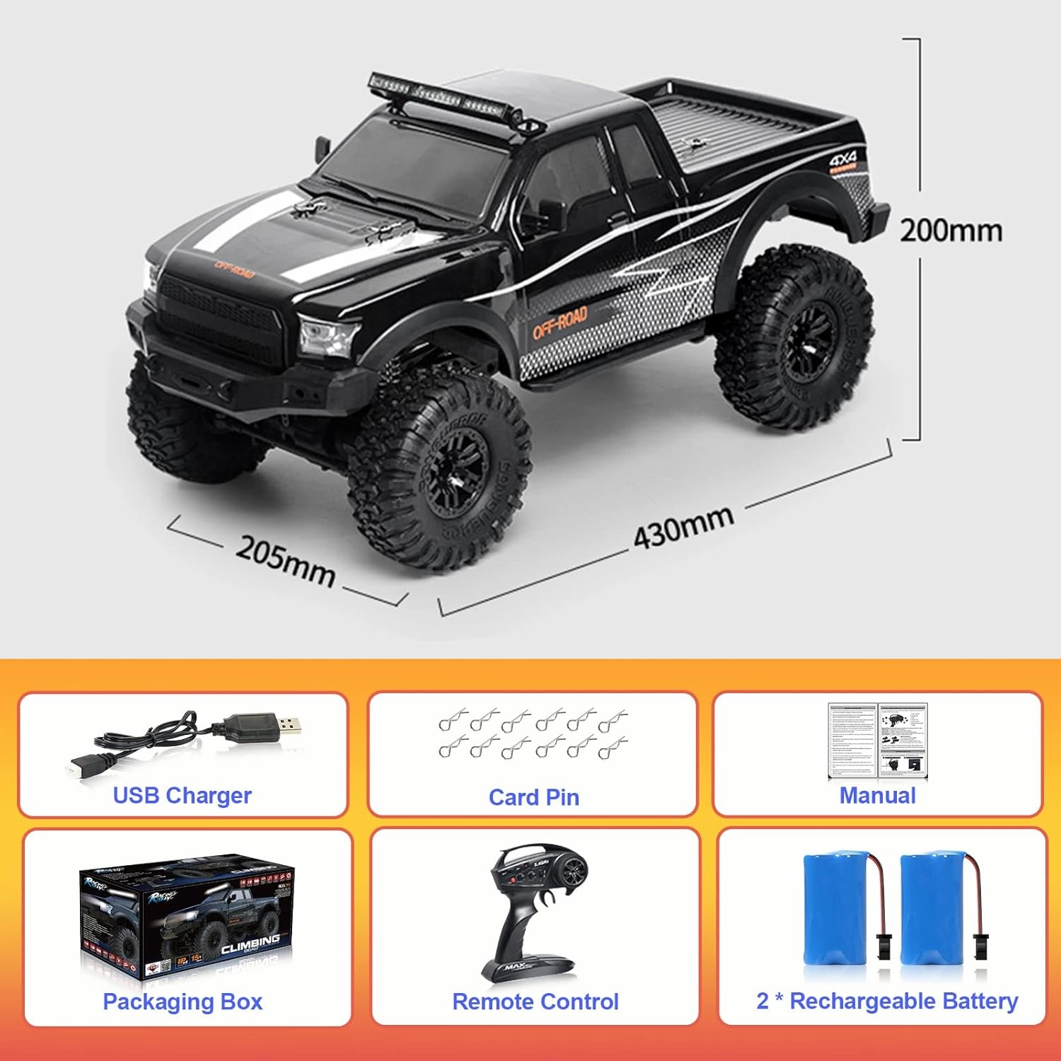RC Cars RC Crawler 1/10 Scale RTR Remote Control Car 4WD 2.4GHz Brushed Offroad Racing Hobby Grade Model Vehicle with LED Lights 2Pcs Battery Toy for Kids and Adults