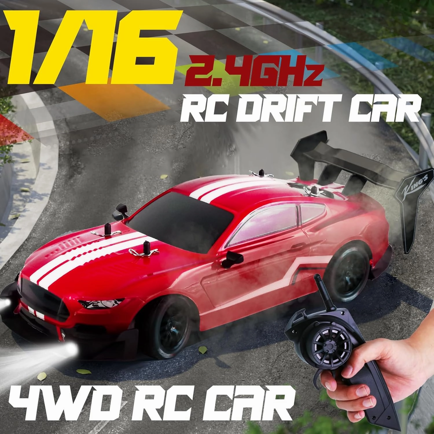RC Drift Car 1:16 Scale Remote Control 4WD with LED Lights RTR 2.4GHz 30km/h High Speed Racing Drifting Toy Car for Adults Boys Girls Kids Gift 2Pcs Rechargeable Battery