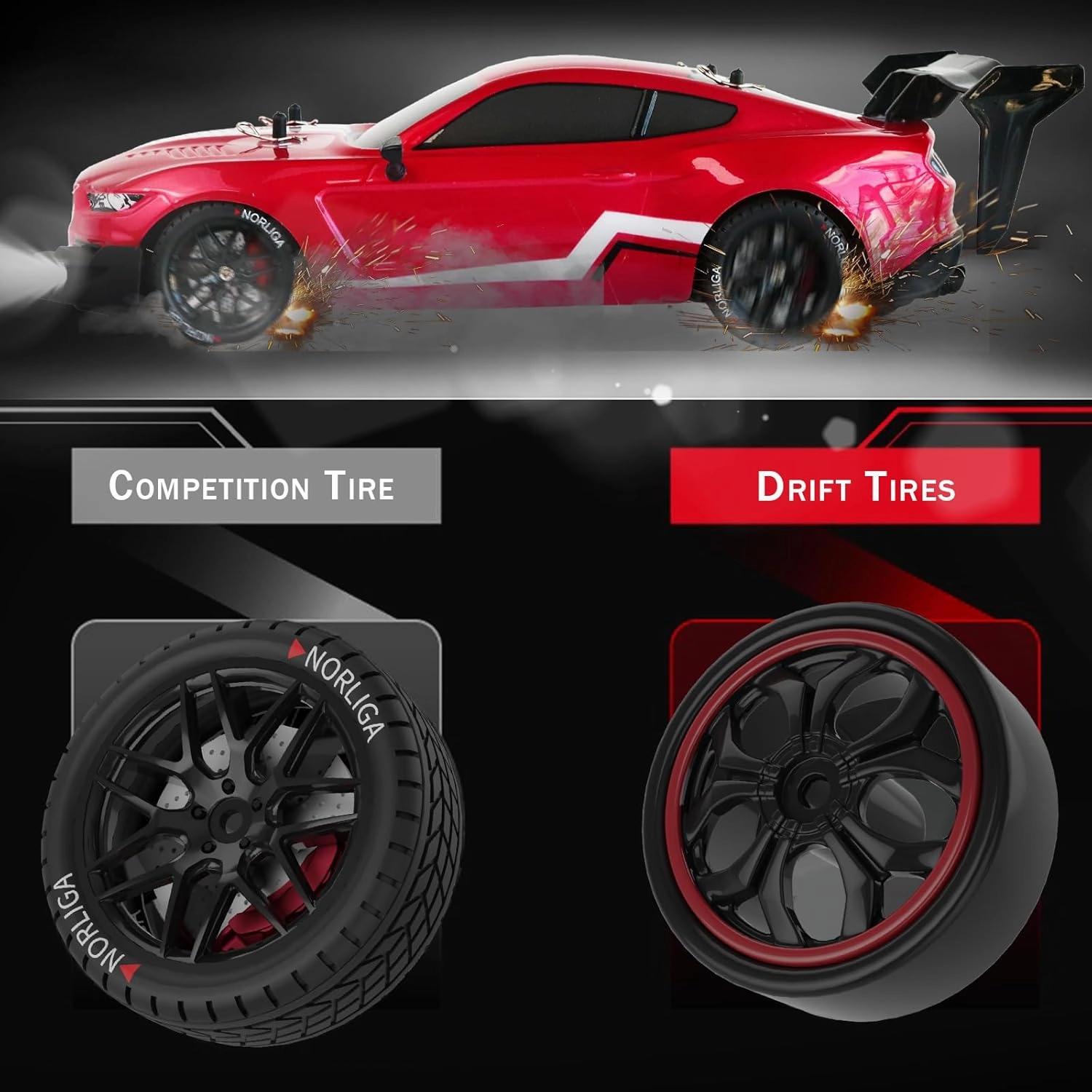 RC Drift Car 1:16 Scale Remote Control 4WD with LED Lights RTR 2.4GHz 30km/h High Speed Racing Drifting Toy Car for Adults Boys Girls Kids Gift 2Pcs Rechargeable Battery