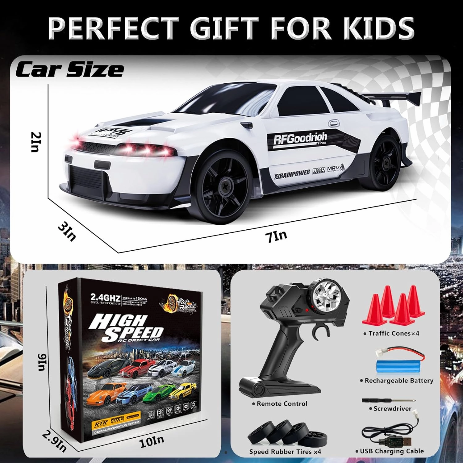 RC Drift Car 1:24 Remote Control Car 4WD 15KM/H High Speed Racing Sport Car with LED Lights RC Cars Toy Cars for Kids Boys Girls Adults Gifts Birthday Christmas Rechargeable Batteries