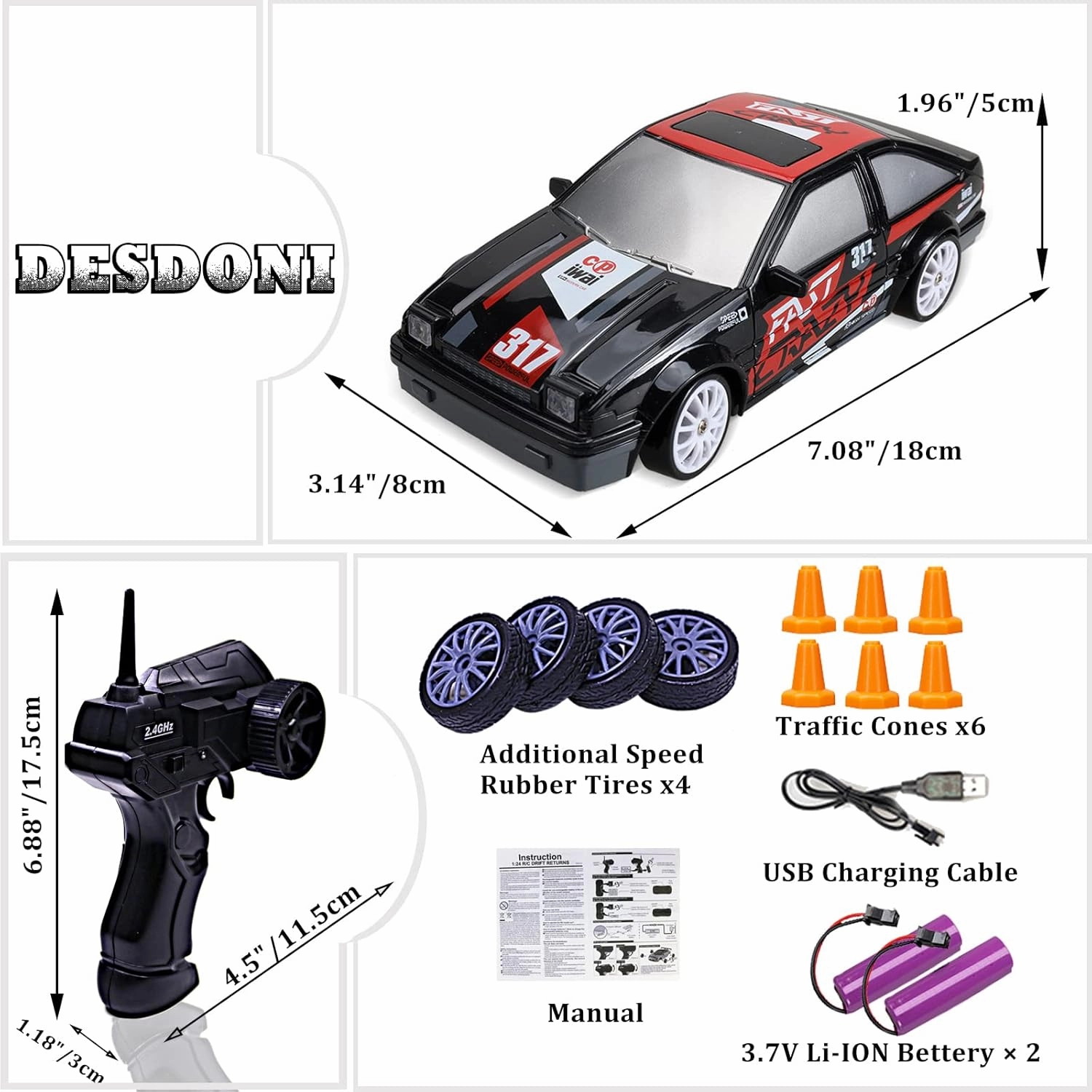 RC Drift Car Remote Control Car 2.4GHz 1:24 Scale 4WD 15KM/H High Speed Model Vehicle LED Lights Drifting Tire Racing Sport Toy for Adult Boys Girls Kids Gift 2Pcs Rechargeable Batterie