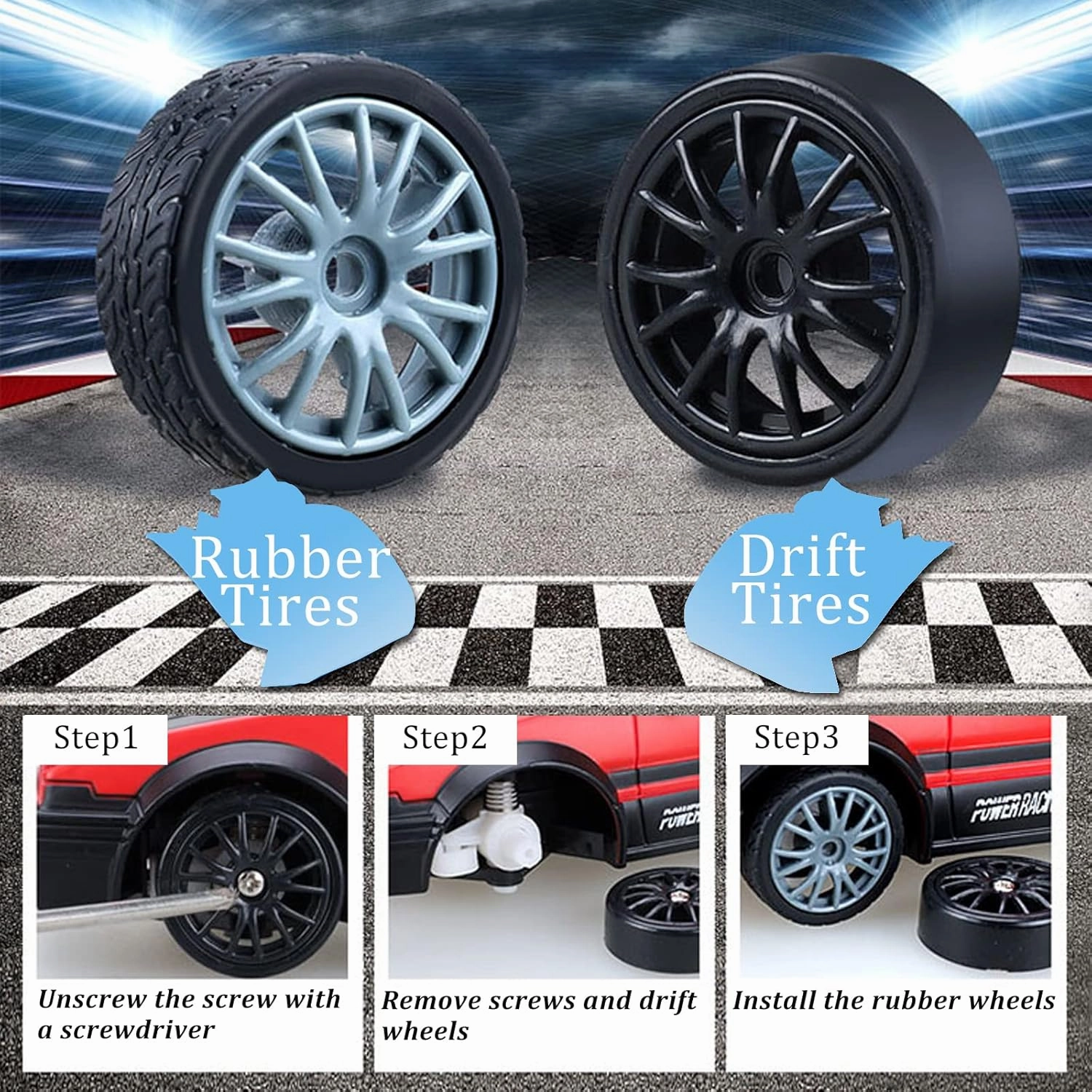 RC Drift Car Remote Control Car 2.4GHz 1:24 Scale 4WD 15KM/H High Speed Model Vehicle LED Lights Drifting Tire Racing Sport Toy for Adult Boys Girls Kids Gift 2Pcs Rechargeable Batterie