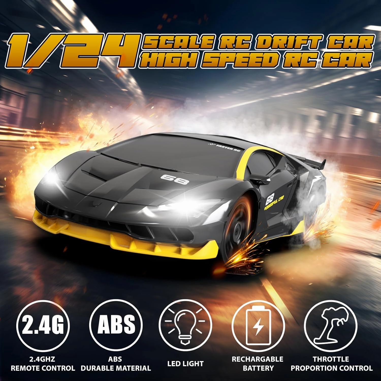 RC Drift Remote Control Car 2.4GHz 1/24 4WD 15KM/H High Speed Racing Sport with LED Lights Drifting Tire Toy for Adults Boys Girls Kids Gift 2Pcs Rechargeable Batteries