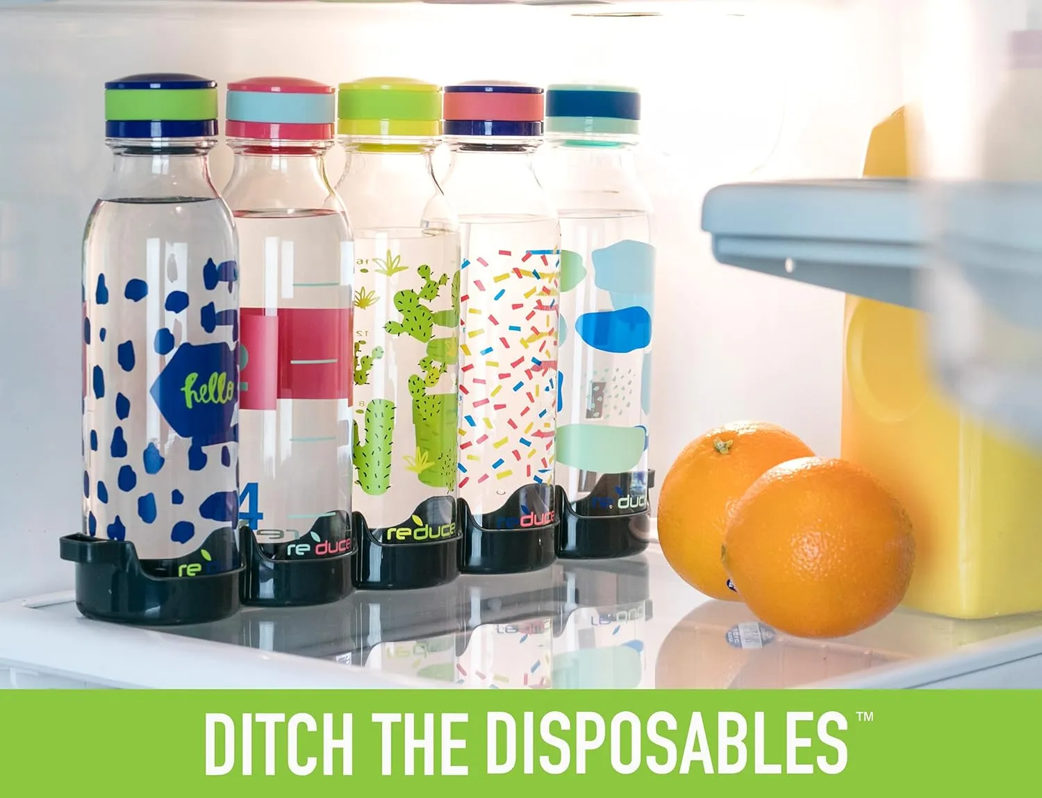 REDUCE WaterWeek Refillable Water Bottles, 14 oz - Includes 5 WaterWeek Leak Proof Tritan Reusable Water Bottles - Includes Fridge Tray - Berry Fun
