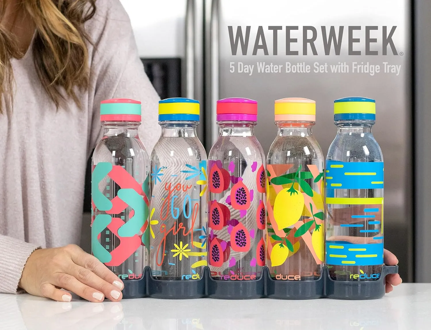 REDUCE WaterWeek Refillable Water Bottles, 14 oz - Includes 5 WaterWeek Leak Proof Tritan Reusable Water Bottles - Includes Fridge Tray - Berry Fun