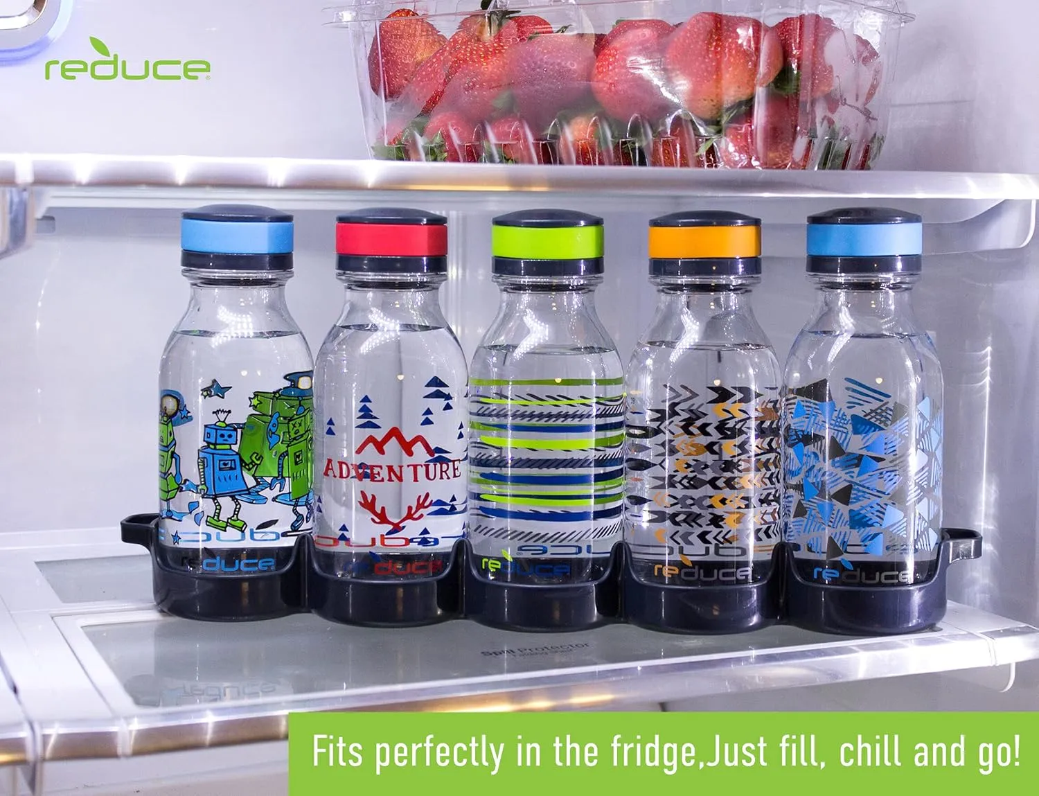 REDUCE WaterWeek Refillable Water Bottles, 14 oz - Includes 5 WaterWeek Leak Proof Tritan Reusable Water Bottles - Includes Fridge Tray - Berry Fun
