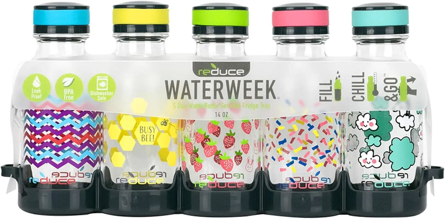 REDUCE WaterWeek Refillable Water Bottles, 14 oz - Includes 5 WaterWeek Leak Proof Tritan Reusable Water Bottles - Includes Fridge Tray - Berry Fun