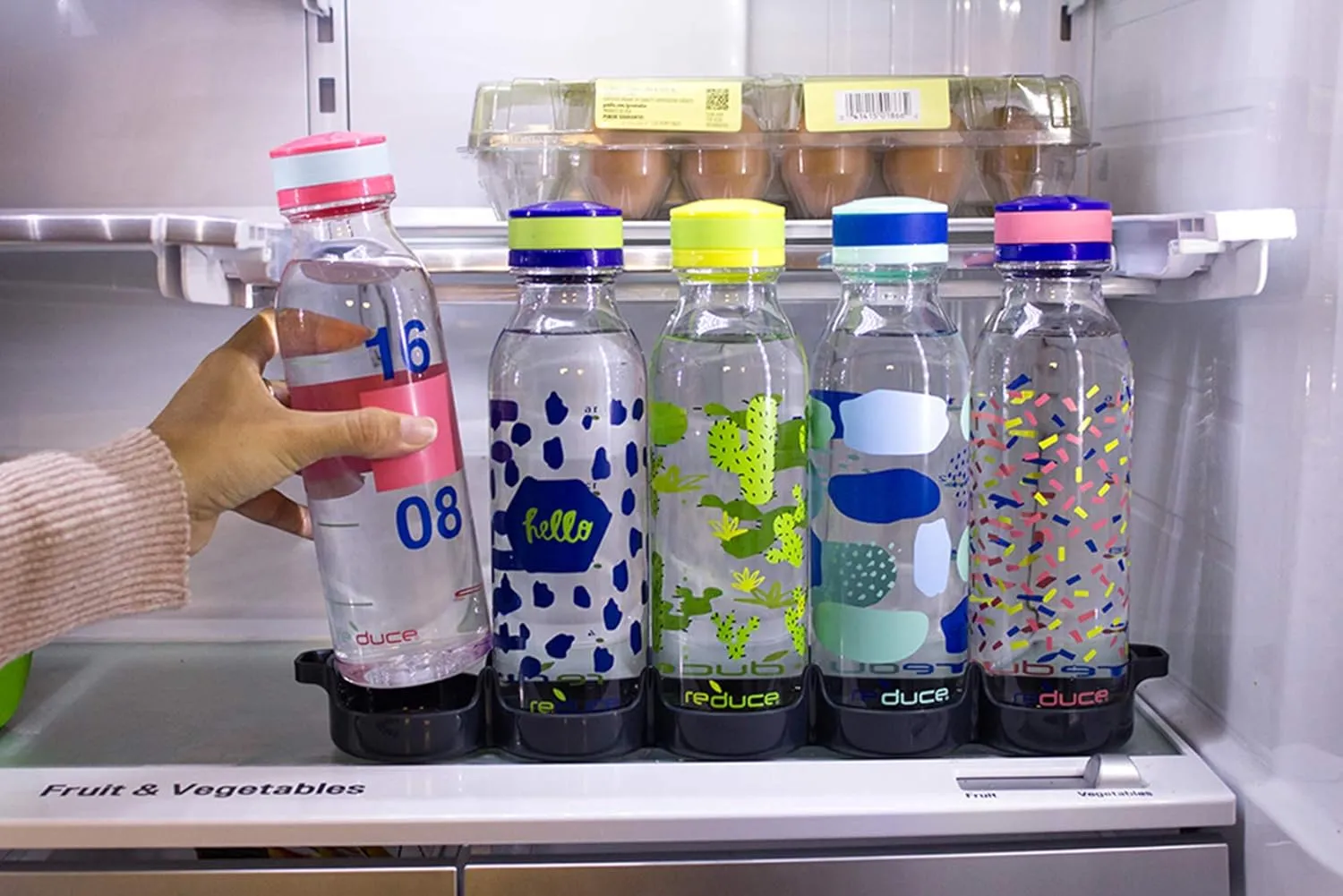 REDUCE WaterWeek Refillable Water Bottles, 14 oz - Includes 5 WaterWeek Leak Proof Tritan Reusable Water Bottles - Includes Fridge Tray - Berry Fun