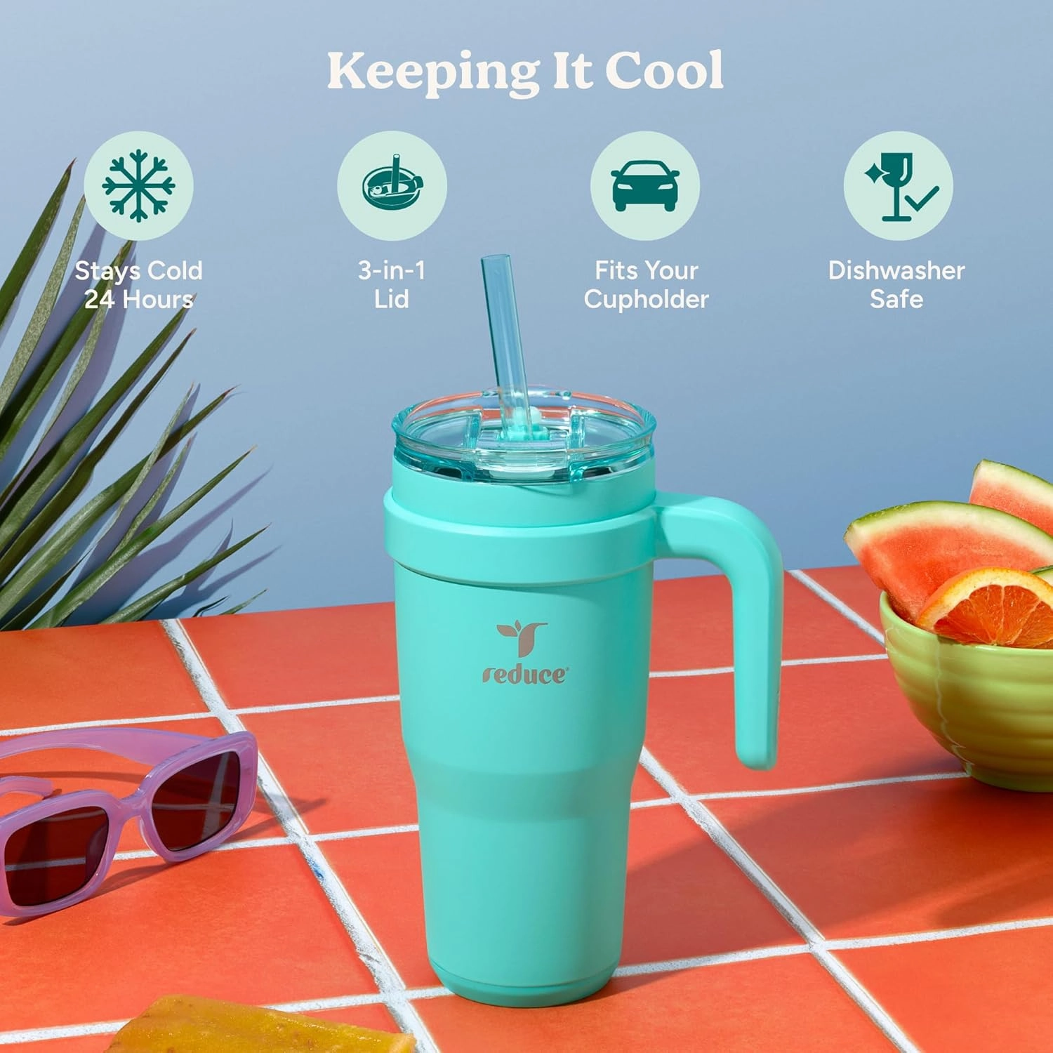 REDUCE 24 oz Stainless Steel Tumbler with Handle - Dual-Wall Vacuum Insulated Travel Mug, Sweat-Proof Lid & Reusable Straw - Keeps Drinks Cold for 24 Hrs, Fits Cupholders, Dishwasher Safe - Mojito
