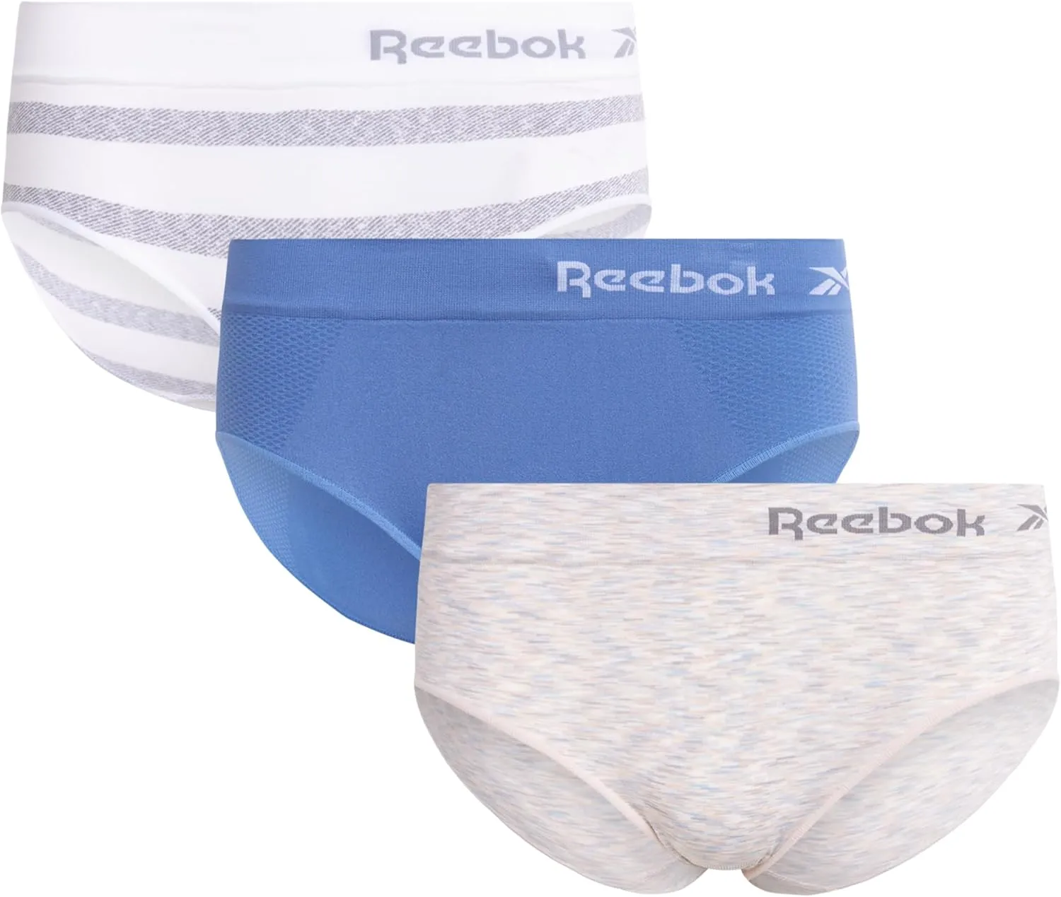 Reebok Hipster Panties for Women - 3 Pack Stretch Performance Seamless Underwear with Relaxed Tagless Waist (S-XL)