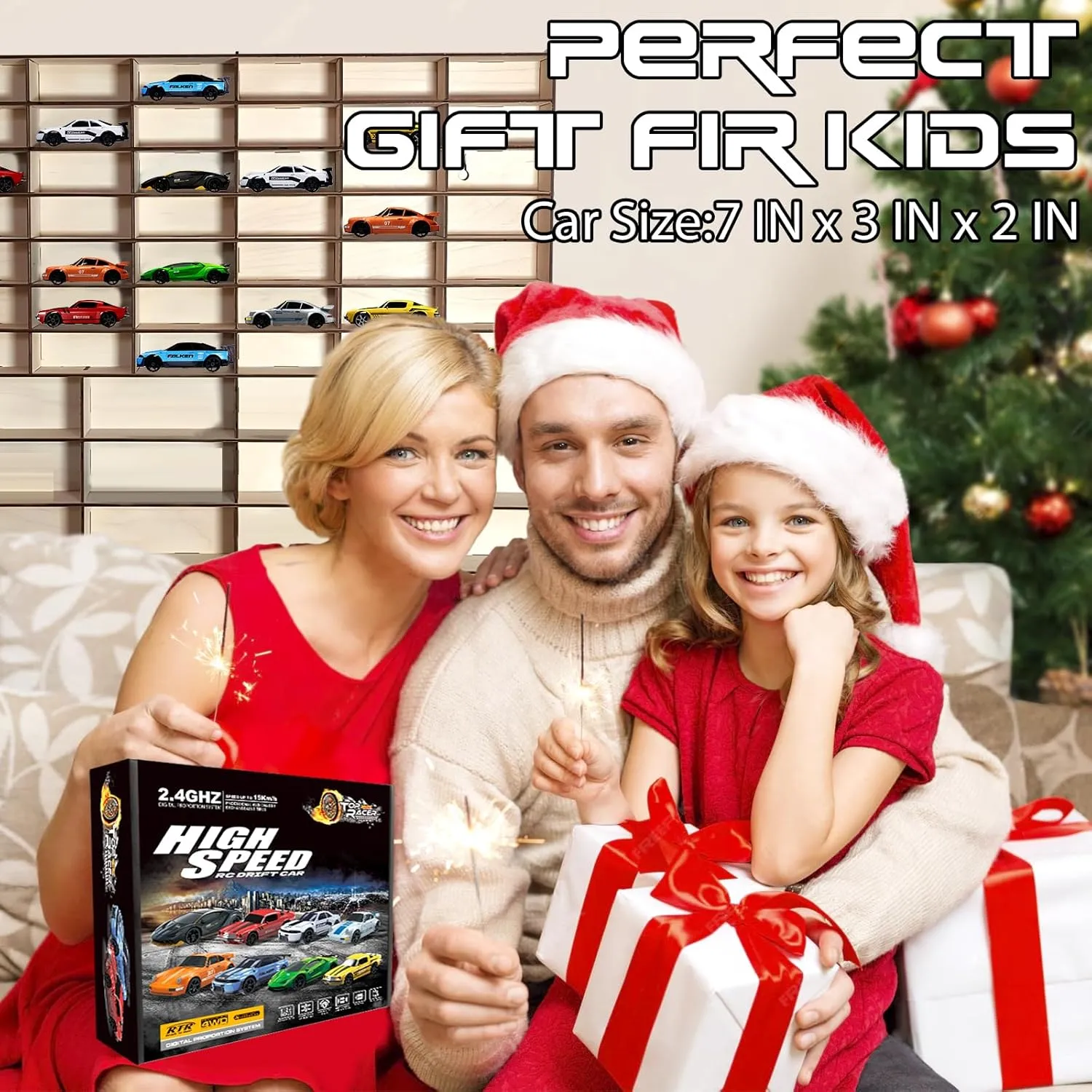 Remote Control Car, 1/24 Scale RC Drift Car, 4WD 15KM/H High Speed RC Cars, Racing Sport Toy Car with LED Lights, Racing Tire, Birthday for Kids Boys Girls, Rechargeable Battery