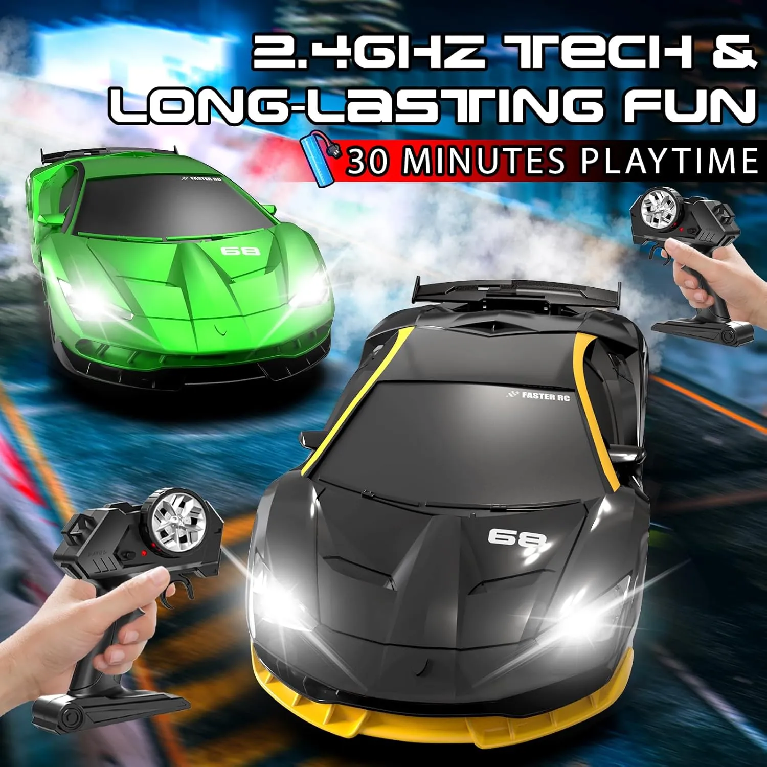 Remote Control Car, 1/24 Scale RC Drift Car, 4WD 15KM/H High Speed RC Cars, Racing Sport Toy Car with LED Lights, Racing Tire, Birthday for Kids Boys Girls, Rechargeable Battery
