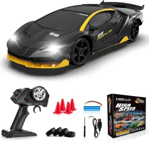 Remote Control Car, 1/24 Scale RC Drift Car, 4WD 15KM/H High Speed RC Cars, Racing Sport Toy Car with LED Lights, Racing Tire, Birthday for Kids Boys Girls, Rechargeable Battery