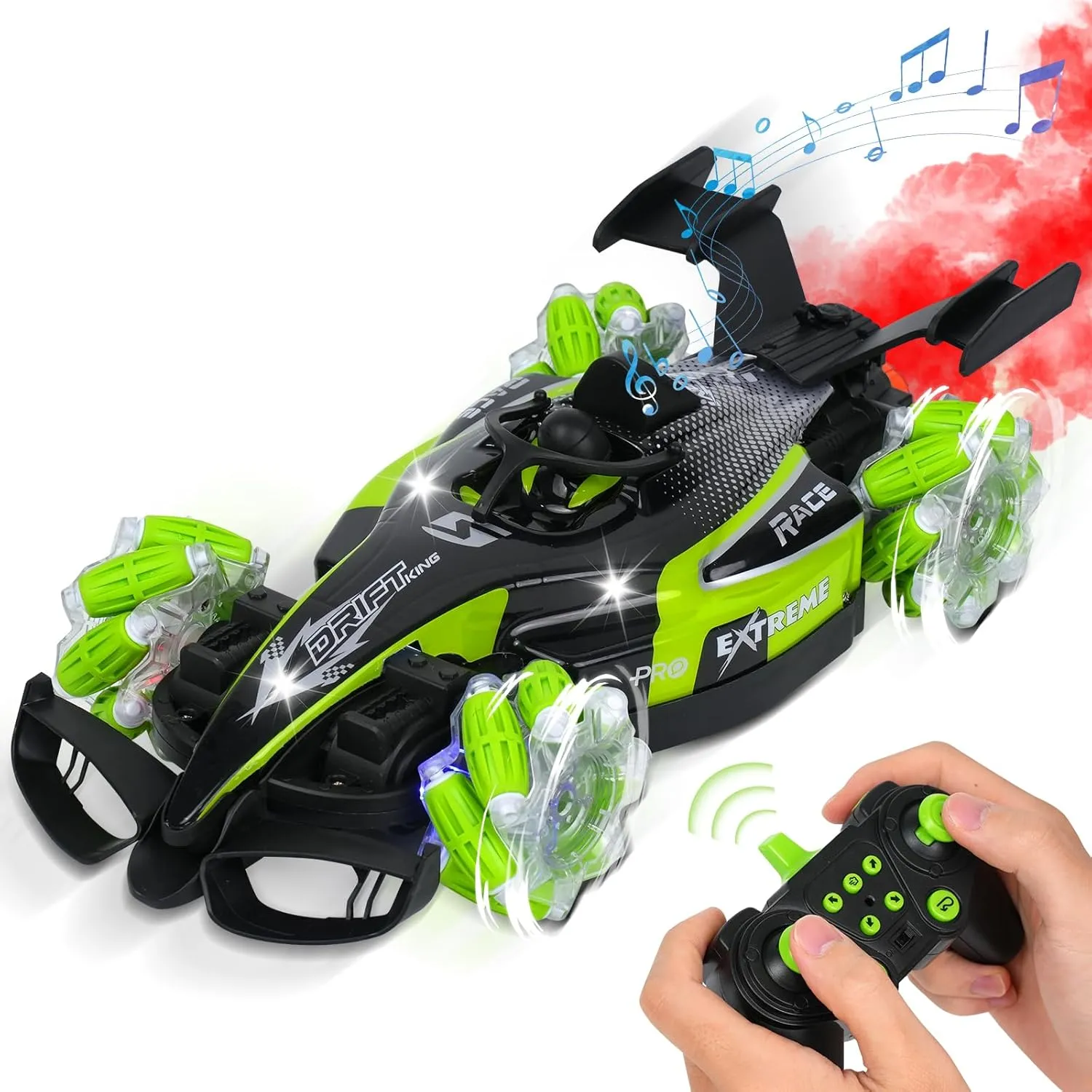 Remote Control Car, 360°Rotation F1 Remote Control Car, 1:12 Scale All-Terrain RC Cars 15  km/h, 2.4GHz with Lights Music & Spray, RC Cars for Kids & Adults (Green #1)