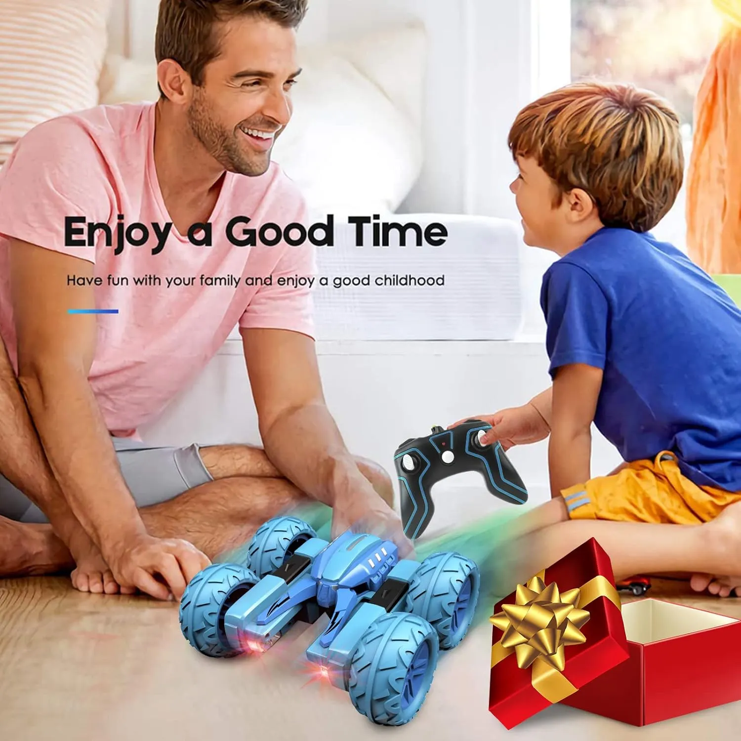 Remote Control Car Boy with Headlight, Hobby RC Car Stunt Kids Toy Gift for Boys Girls 6  Years, Electric 4WD 2.4Ghz Double Side Rotating Race Vehicle 360° Flips Offroad Birthday Xmas