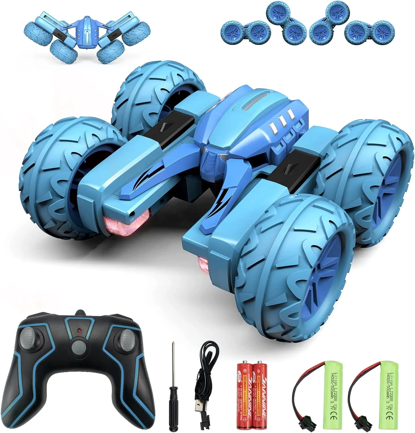Remote Control Car Boy with Headlight, Hobby RC Car Stunt Kids Toy Gift for Boys Girls 6  Years, Electric 4WD 2.4Ghz Double Side Rotating Race Vehicle 360° Flips Offroad Birthday Xmas
