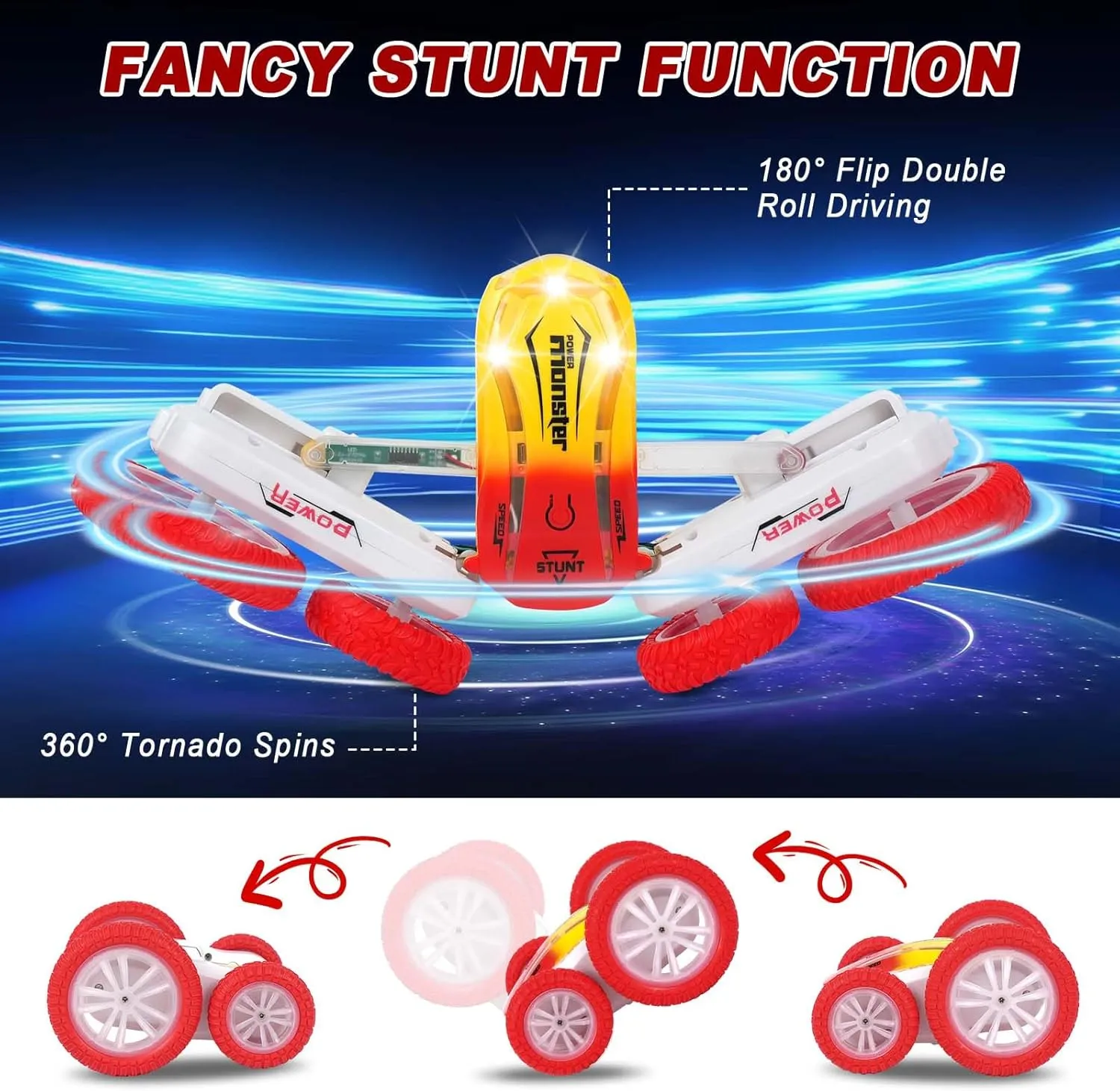 Remote Control Car, Double Sided Driving Fast RC Stunt Car 360-degree Flips, Tornado RC Cars with All Terrain Tires & LED Light, Indoor/Outdoor 4WD Off Road Stunt Car for Boys Kids, Red