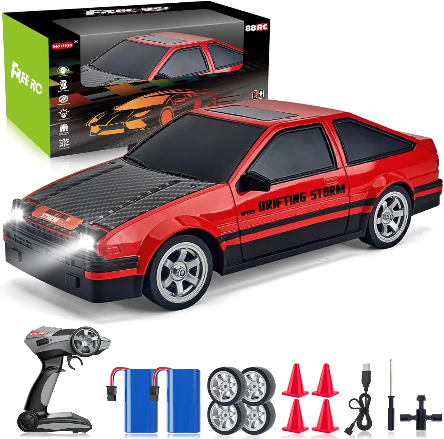 Remote Control Car RC Drift Car 1:16 Scale 4WD RC Car with LED Lights 2.4GHz 30km/h Hard Shell RTR High Speed Drift Racing Sport Toy Car for Adults Boys Girls Kids Gift 2Pcs Rechargeable Batteries
