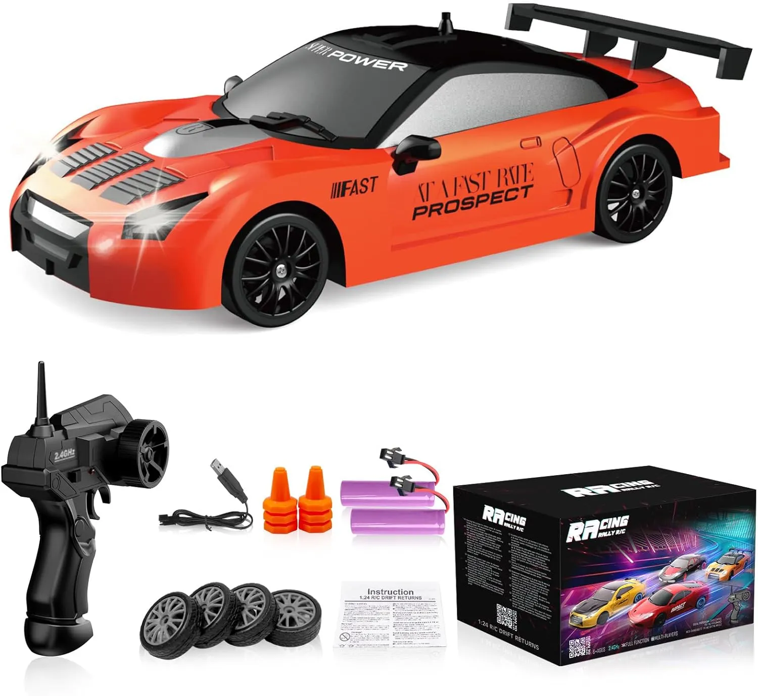 Remote Control Car RC Drift Car 2.4GHz 1:24 Scale 4WD 15KM/H High Speed Model Vehicle with LED Lights Drifting Tire Racing Sport Toy Car for Adults Boys Girls Kids Gift 2Pcs Rechargeable Batteries