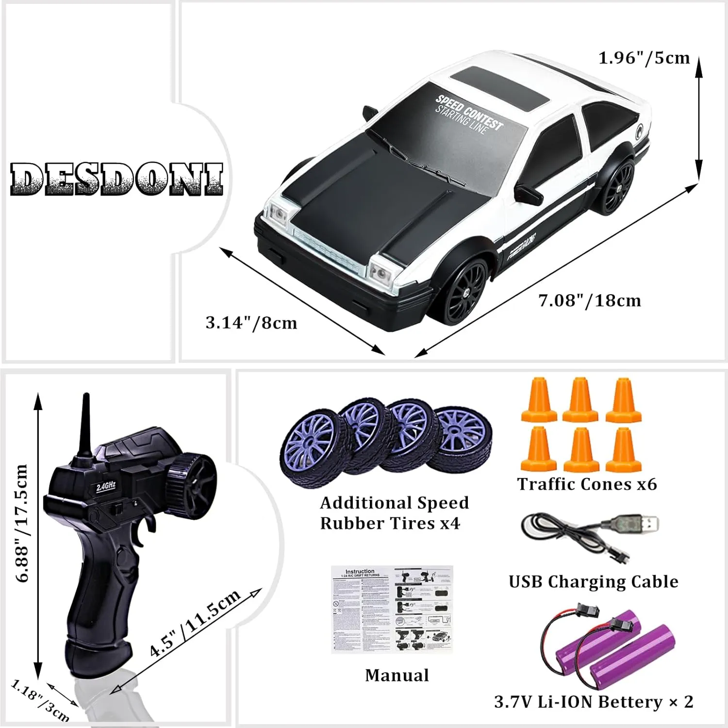 Remote Control Car RC Drift Car 2.4GHz 1:24 Scale 4WD High Speed RC Cars Vehicle with LED Lights Batteries and Drifting Tires Racing Sport Toy Cars for Adults Boys Girls Kids Gift