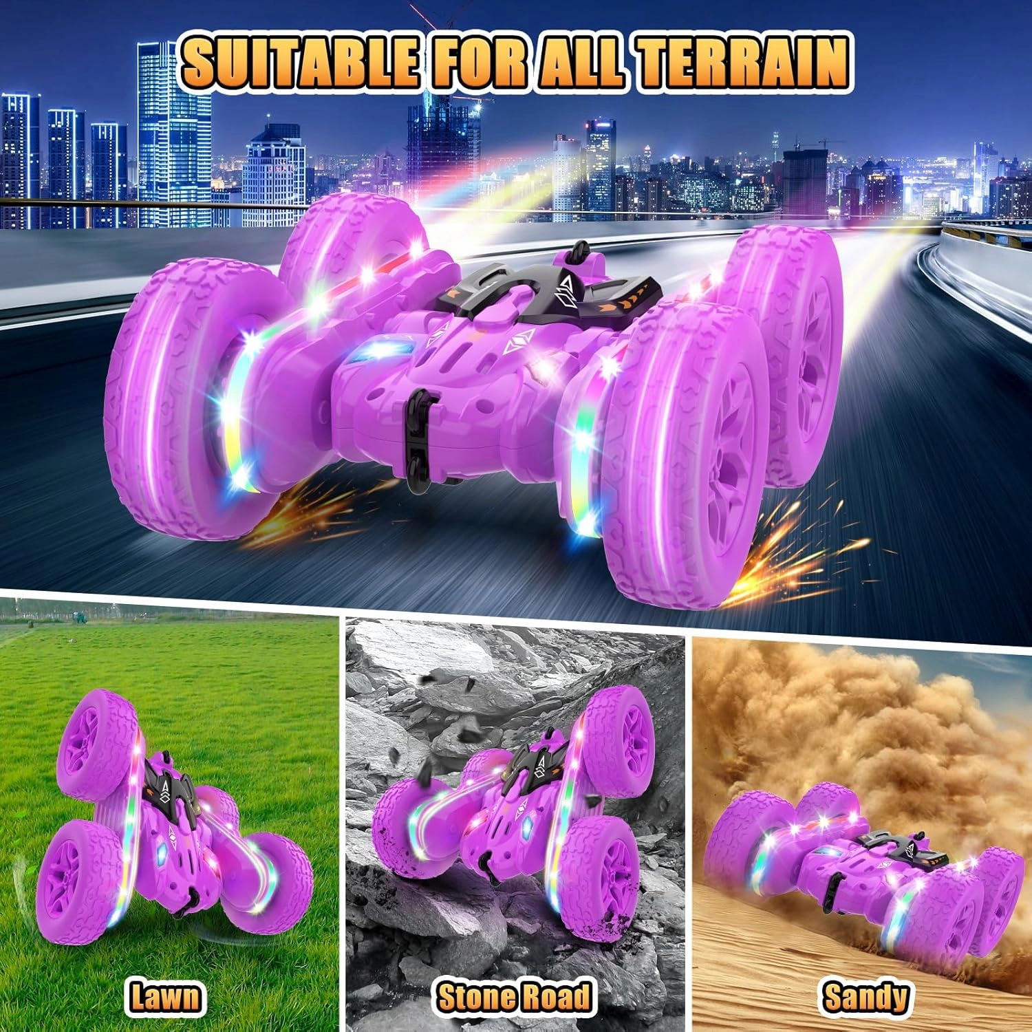Remote Control Car,RC Cars with sides light strip and Headlights,Double Sided 360 Flips Rotating RC Stunt Car,2.4Ghz All Terrain Toys for Ages 4-6 Kid Toy for Boys Girls Birthday Gift(Purple)