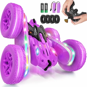 Remote Control Car,RC Cars with sides light strip and Headlights,Double Sided 360 Flips Rotating RC Stunt Car,2.4Ghz All Terrain Toys for Ages 4-6 Kid Toy for Boys Girls Birthday Gift(Purple)
