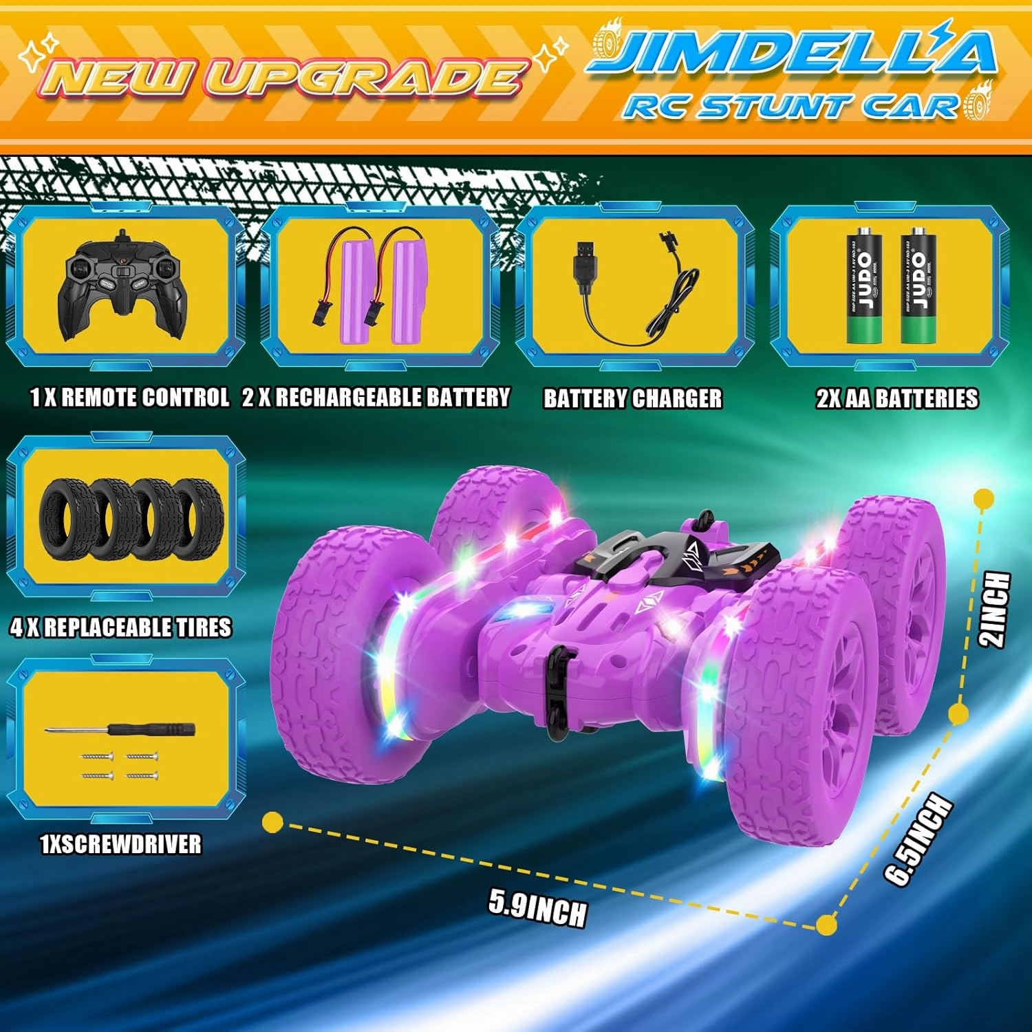 Remote Control Car,RC Cars with sides light strip and Headlights,Double Sided 360 Flips Rotating RC Stunt Car,2.4Ghz All Terrain Toys for Ages 4-6 Kid Toy for Boys Girls Birthday Gift(Purple)