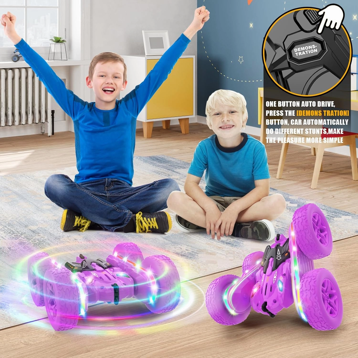 Remote Control Car,RC Cars with sides light strip and Headlights,Double Sided 360 Flips Rotating RC Stunt Car,2.4Ghz All Terrain Toys for Ages 4-6 Kid Toy for Boys Girls Birthday Gift(Purple)