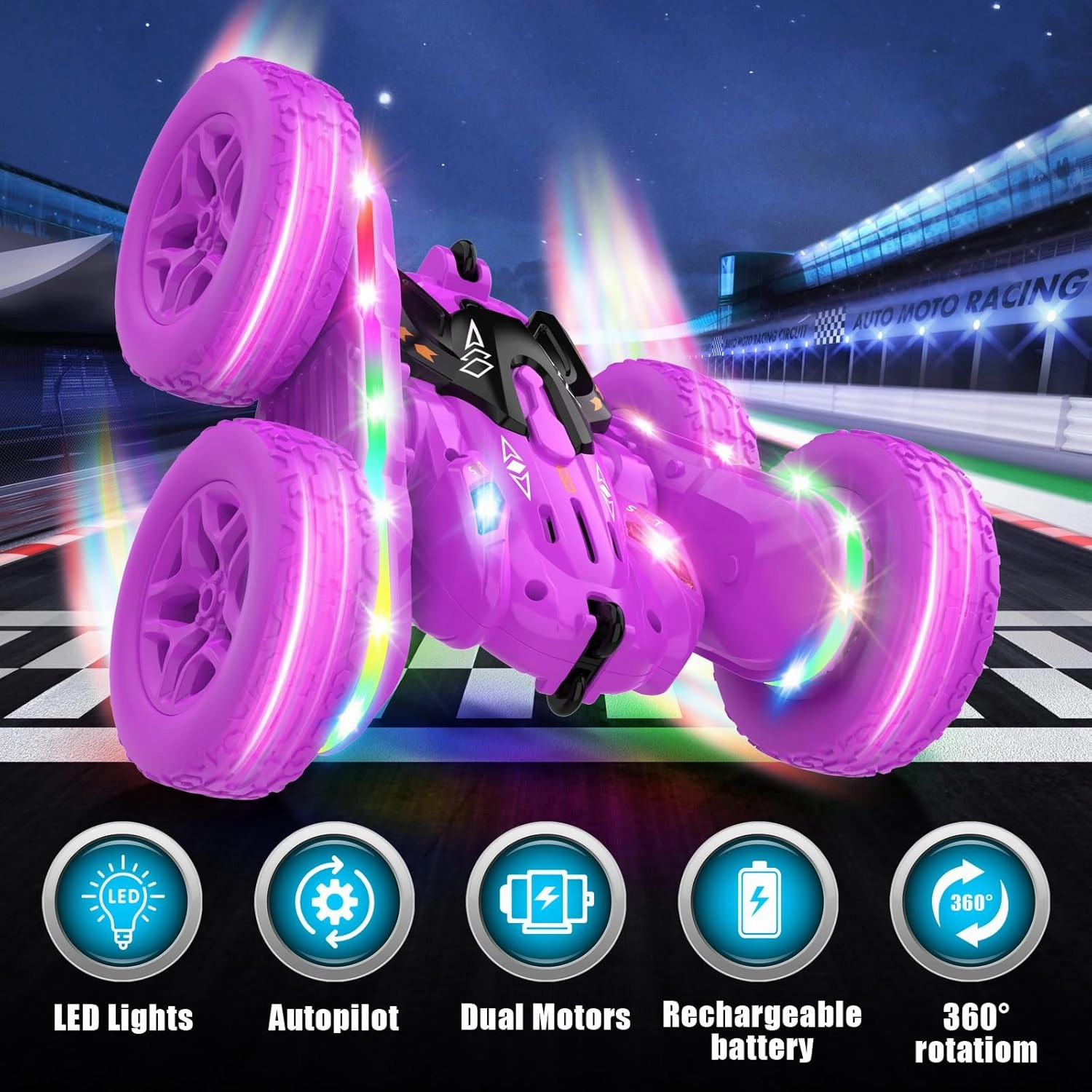 Remote Control Car,RC Cars with sides light strip and Headlights,Double Sided 360 Flips Rotating RC Stunt Car,2.4Ghz All Terrain Toys for Ages 4-6 Kid Toy for Boys Girls Birthday Gift(Purple)