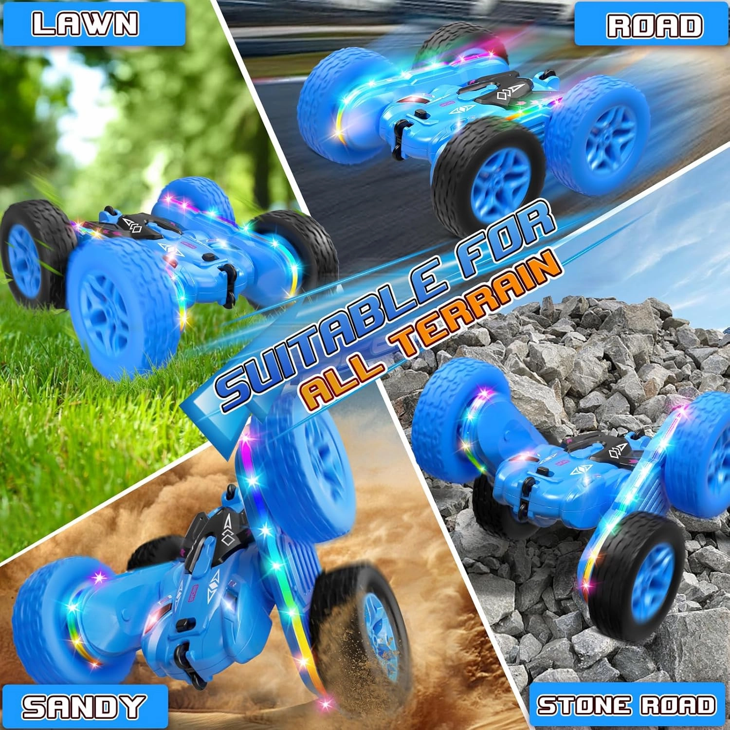 Remote Control Car,RC Cars with Sides Light Strip and Headlights,Double Sided 360 Flips Rotating RC Stunt Car,2.4Ghz All Terrain Toys for Ages 4-6 Kids Toy for Boys Girls Birthday Gift(Blue)