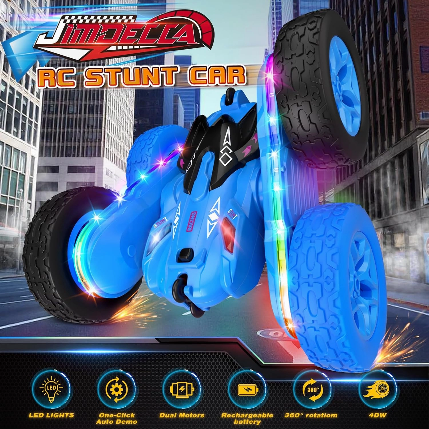 Remote Control Car,RC Cars with Sides Light Strip and Headlights,Double Sided 360 Flips Rotating RC Stunt Car,2.4Ghz All Terrain Toys for Ages 4-6 Kids Toy for Boys Girls Birthday Gift(Blue)