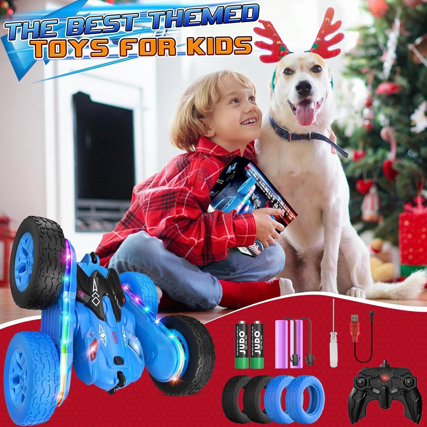 Remote Control Car,RC Cars with Sides Light Strip and Headlights,Double Sided 360 Flips Rotating RC Stunt Car,2.4Ghz All Terrain Toys for Ages 4-6 Kids Toy for Boys Girls Birthday Gift(Blue)