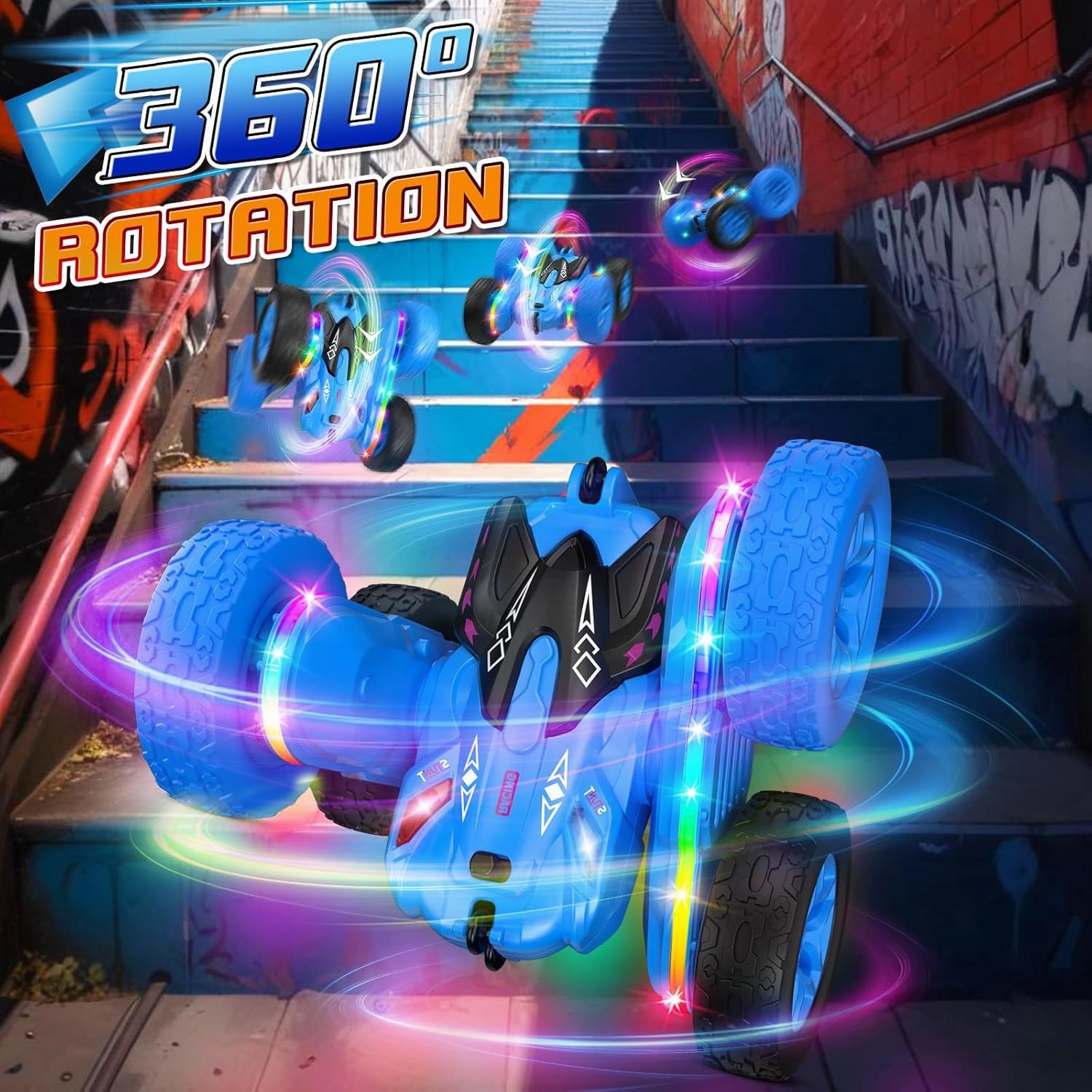 Remote Control Car,RC Cars with Sides Light Strip and Headlights,Double Sided 360 Flips Rotating RC Stunt Car,2.4Ghz All Terrain Toys for Ages 4-6 Kids Toy for Boys Girls Birthday Gift(Blue)