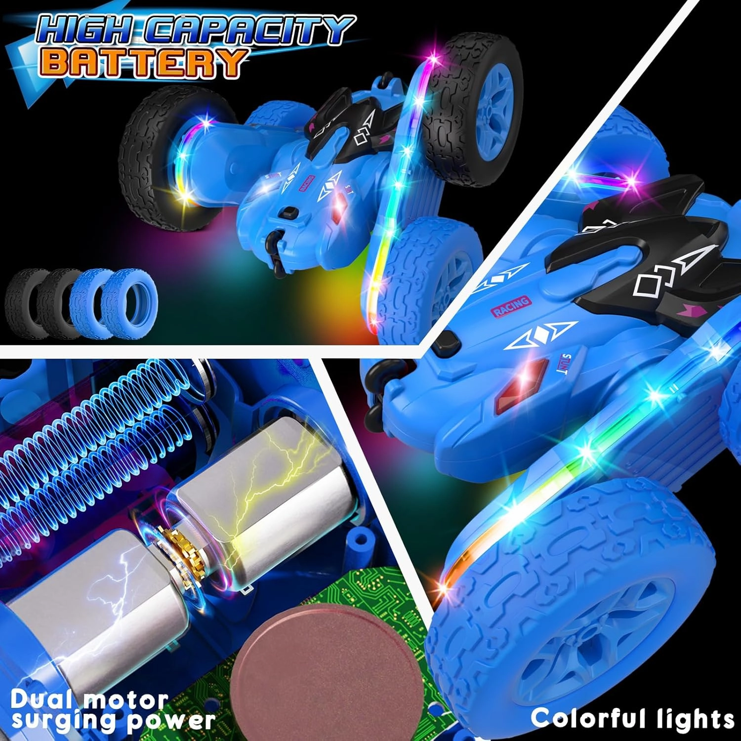 Remote Control Car,RC Cars with Sides Light Strip and Headlights,Double Sided 360 Flips Rotating RC Stunt Car,2.4Ghz All Terrain Toys for Ages 4-6 Kids Toy for Boys Girls Birthday Gift(Blue)