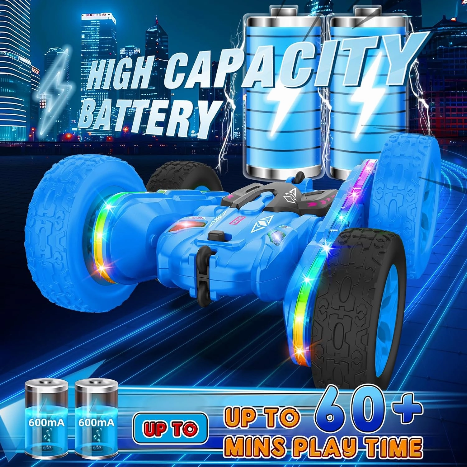 Remote Control Car,RC Cars with Sides Light Strip and Headlights,Double Sided 360 Flips Rotating RC Stunt Car,2.4Ghz All Terrain Toys for Ages 4-6 Kids Toy for Boys Girls Birthday Gift(Blue)