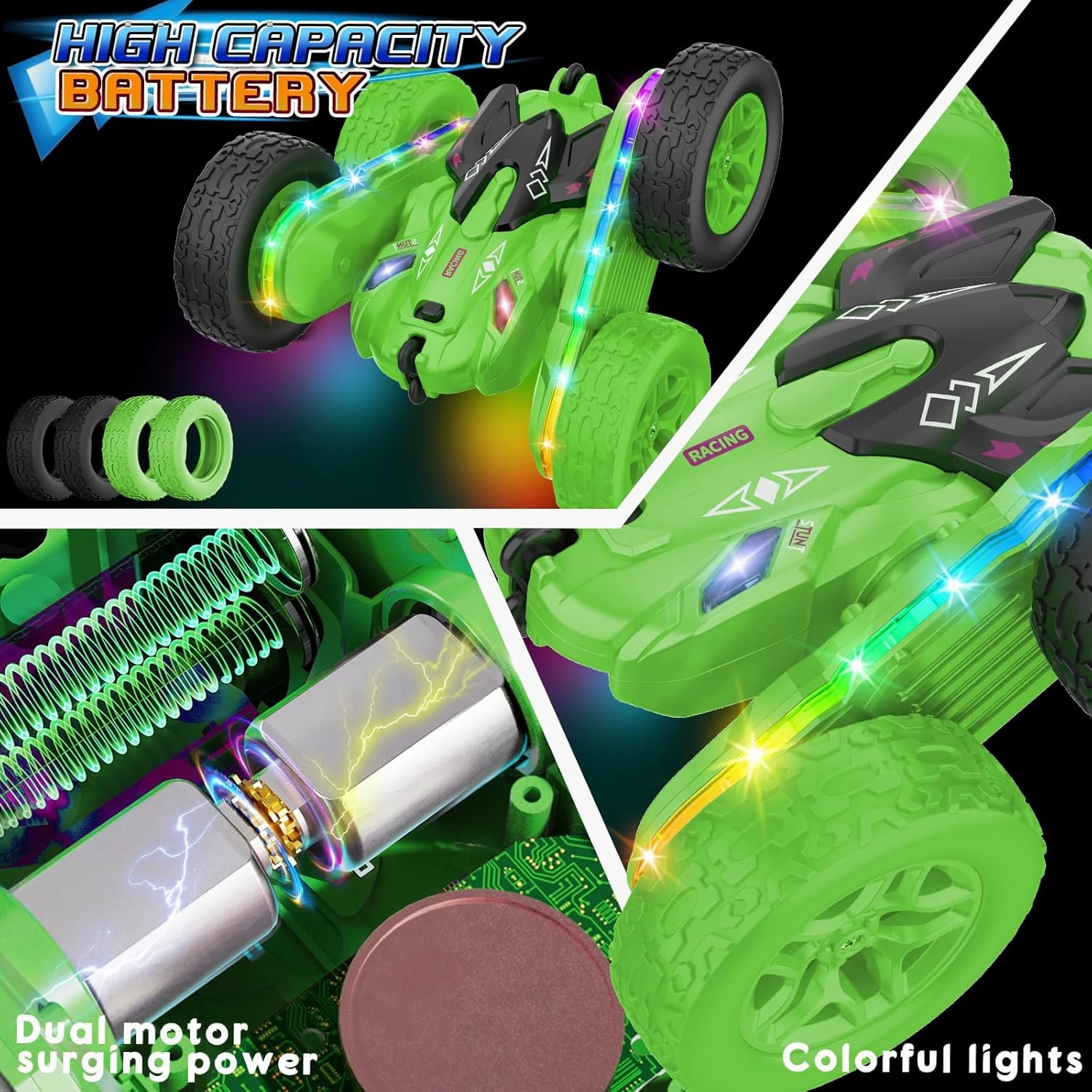 Remote Control Car,RC Cars with sides light strip and Headlights,Double Sided 360 Flips Rotating RC Stunt Car,2.4Ghz All Terrain Toys for Ages 4-6 Kids Toy for Boys Girls Birthday Gift(Green)