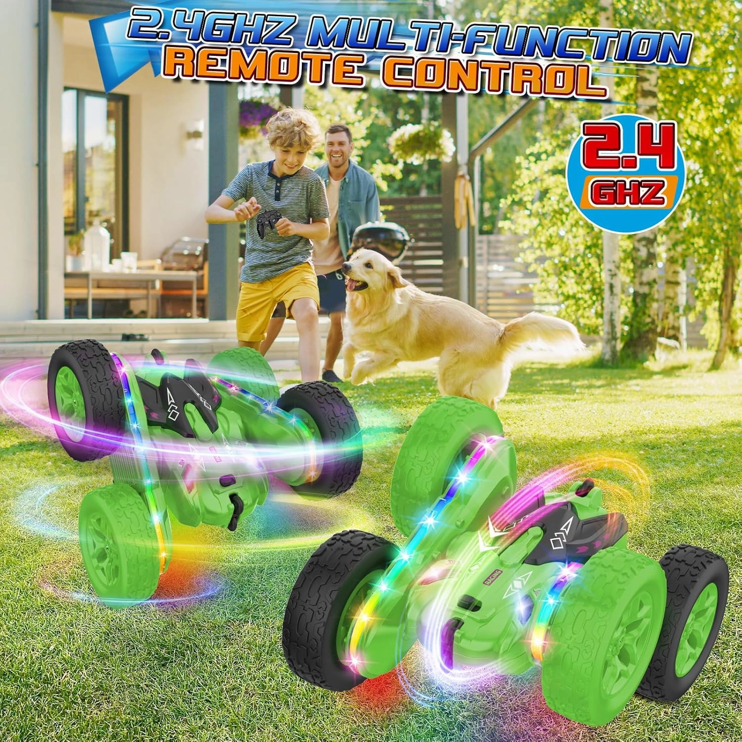 Remote Control Car,RC Cars with sides light strip and Headlights,Double Sided 360 Flips Rotating RC Stunt Car,2.4Ghz All Terrain Toys for Ages 4-6 Kids Toy for Boys Girls Birthday Gift(Green)