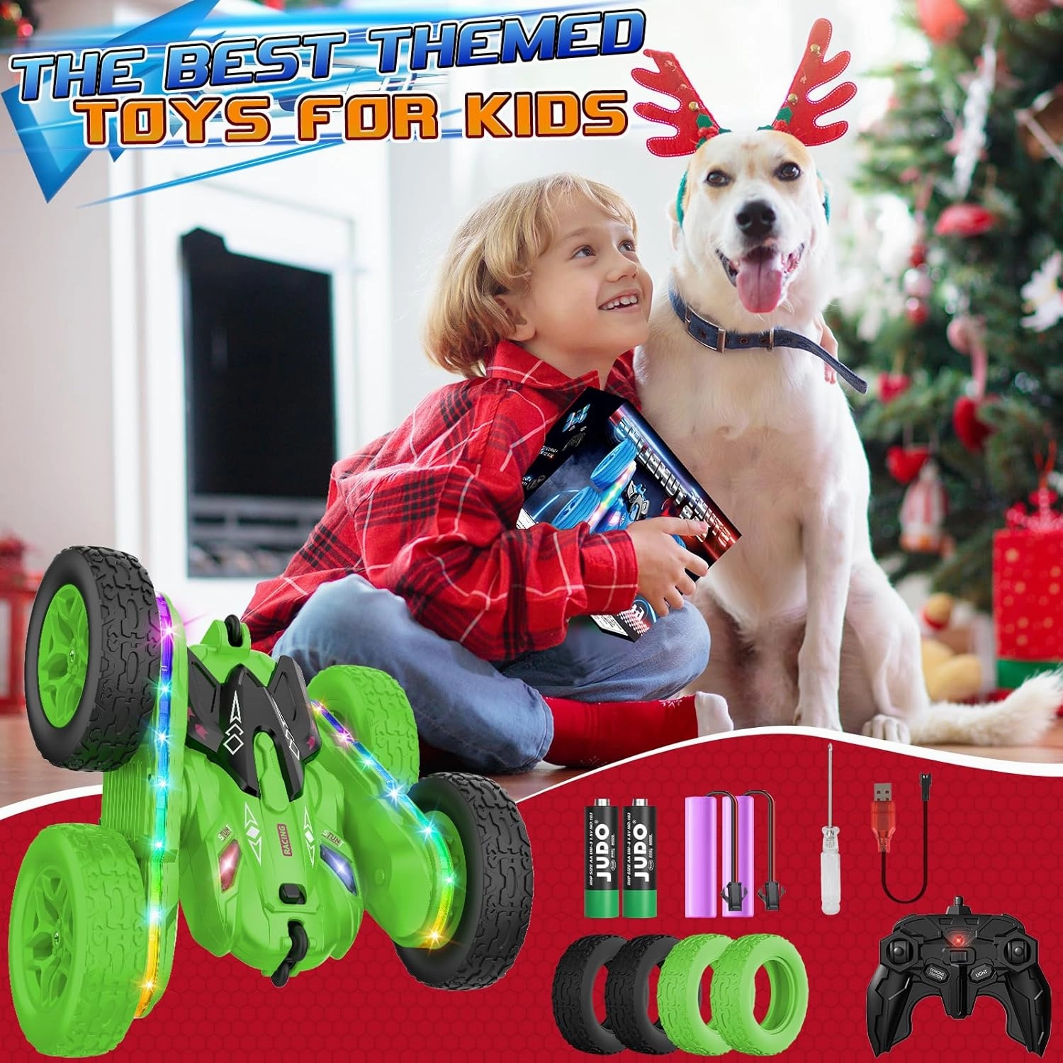 Remote Control Car,RC Cars with sides light strip and Headlights,Double Sided 360 Flips Rotating RC Stunt Car,2.4Ghz All Terrain Toys for Ages 4-6 Kids Toy for Boys Girls Birthday Gift(Green)