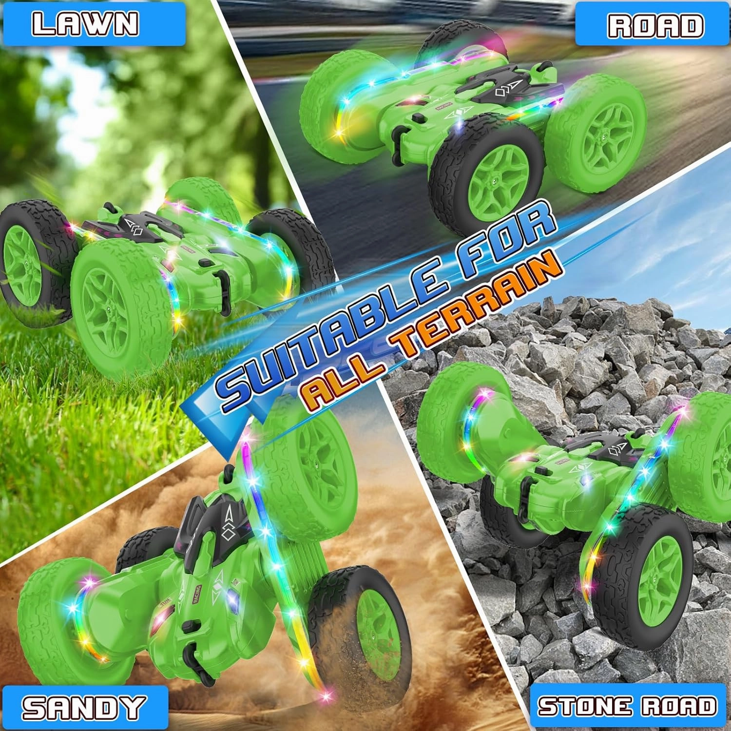 Remote Control Car,RC Cars with sides light strip and Headlights,Double Sided 360 Flips Rotating RC Stunt Car,2.4Ghz All Terrain Toys for Ages 4-6 Kids Toy for Boys Girls Birthday Gift(Green)