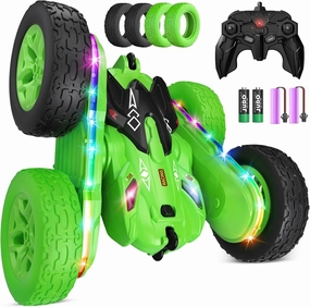 Remote Control Car,RC Cars with sides light strip and Headlights,Double Sided 360 Flips Rotating RC Stunt Car,2.4Ghz All Terrain Toys for Ages 4-6 Kids Toy for Boys Girls Birthday Gift(Green)