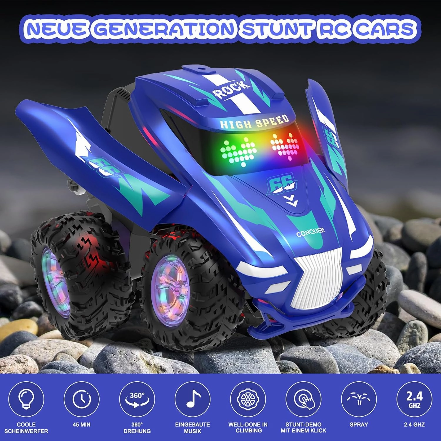 Remote Control Car, RC Cars with Spray, Light & Music, All Terrain Drift Stunt Car 360 Flips Rotating, RC Race Cars Toys for 6 7 8 9 10 11 12 Year Old Boys Girls Gifts (Blue)