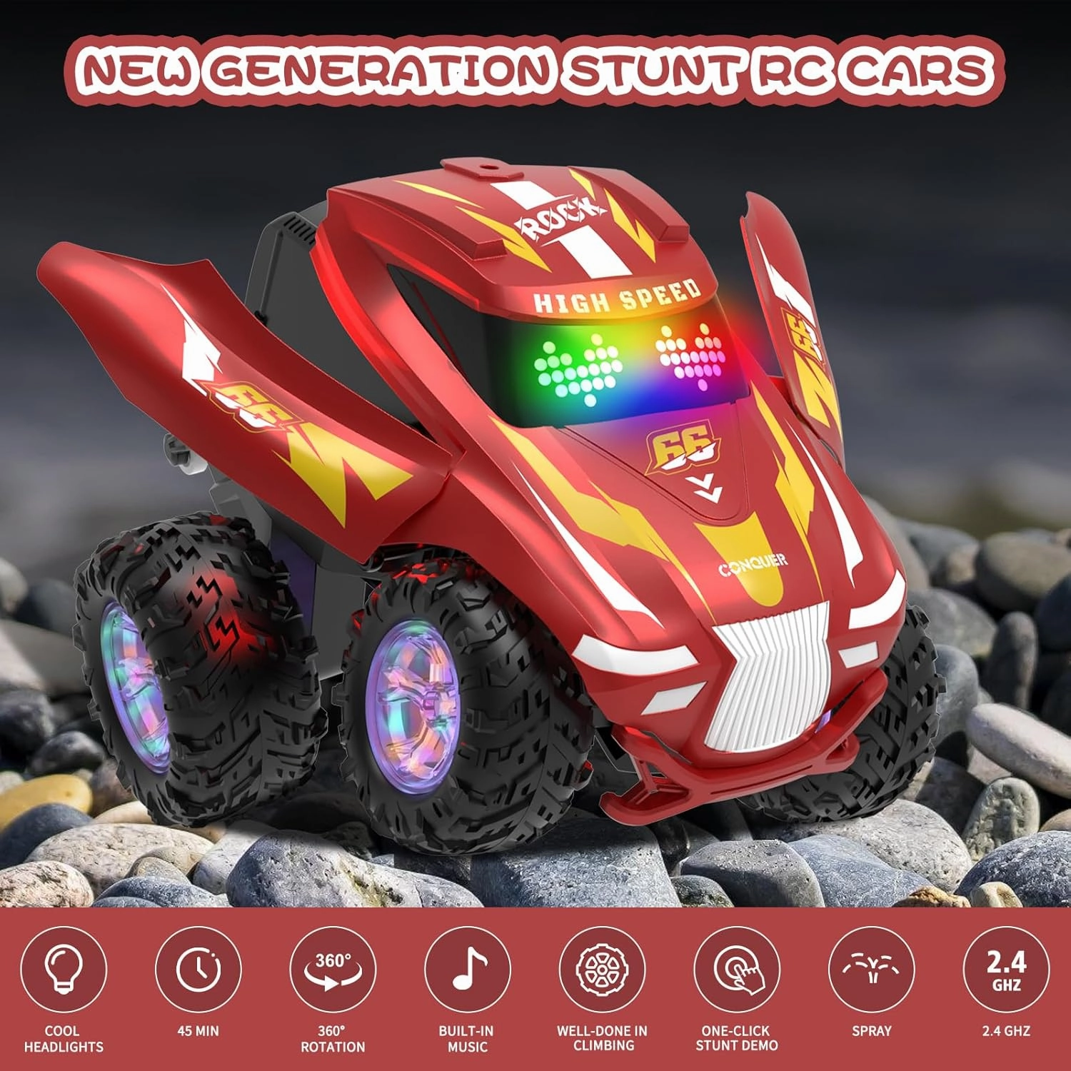 Remote Control Car, RC Cars with Spray, Light & Music, All Terrain Drift Stunt Car 360 Flips Rotating, RC Race Cars Toys for 6 7 8 9 10 11 12 Year Old Boys Girls Gifts (red)